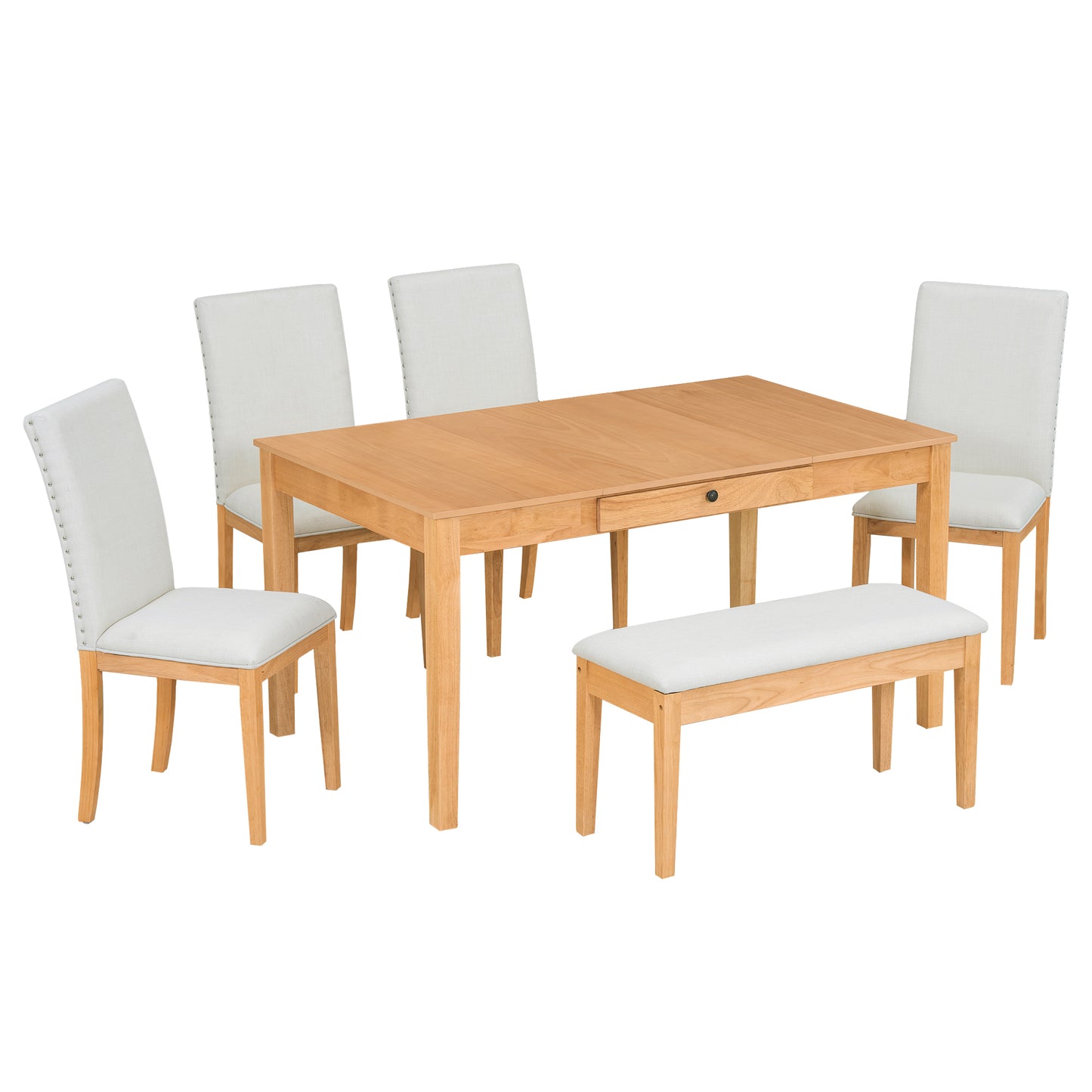 Melysen Farmhouse 6-Piece Dining Table Set with Storage Table, Kitchen Table Set with Drawer, Storable Bench and Upholstered Dining Chairs