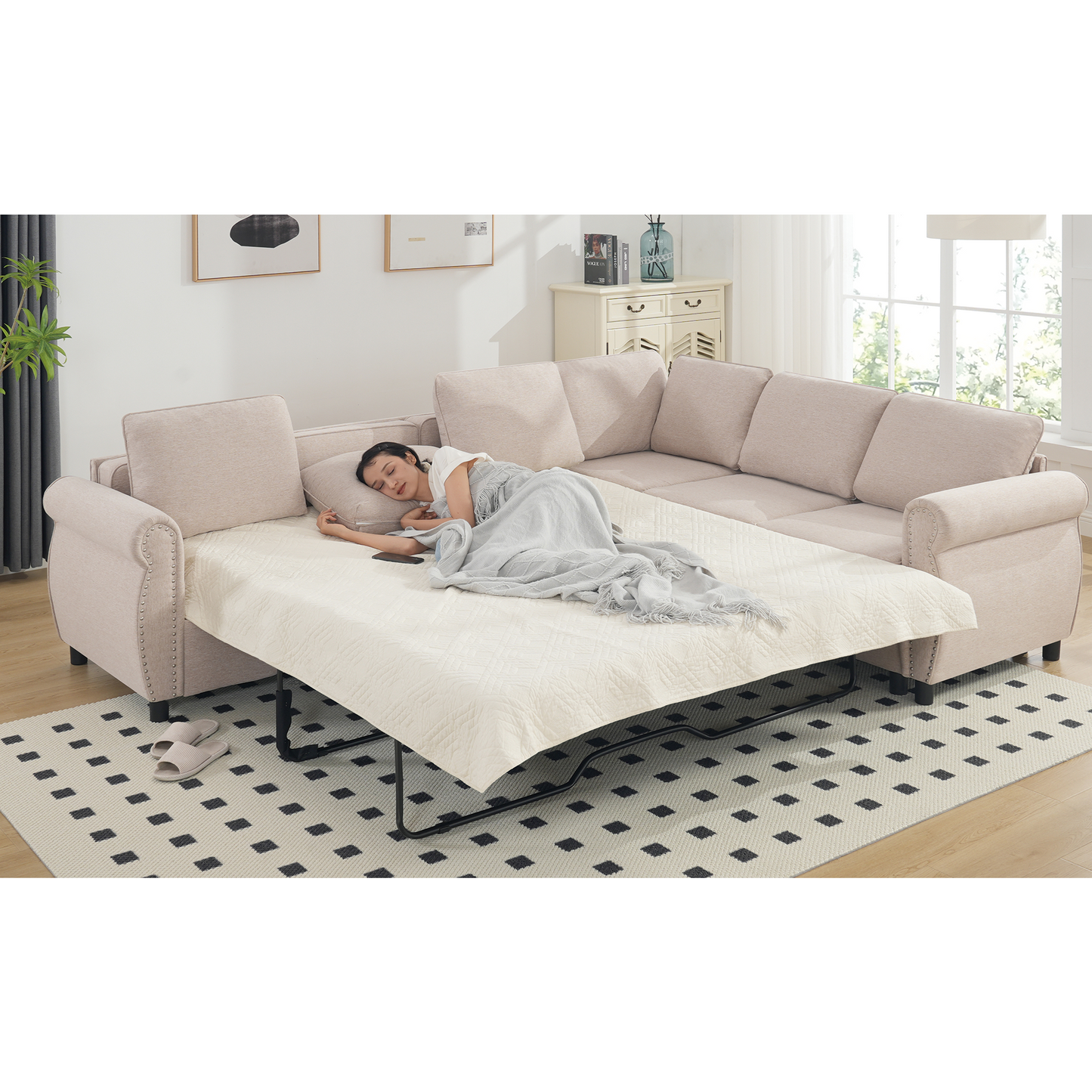 Melysen Sleeper Sofa,2 in 1 Pull Out Couch Bed,6 seater sofa bed,L Shaped Sleeper Sectional Sofa Couch,Riveted sofa,104" Large combined sofa Bed in living room