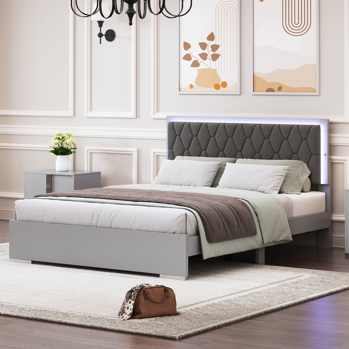 Melysen Queen Size Upholstered Bed with LED Light,Modern Platform Bed with with Velvet Headboard