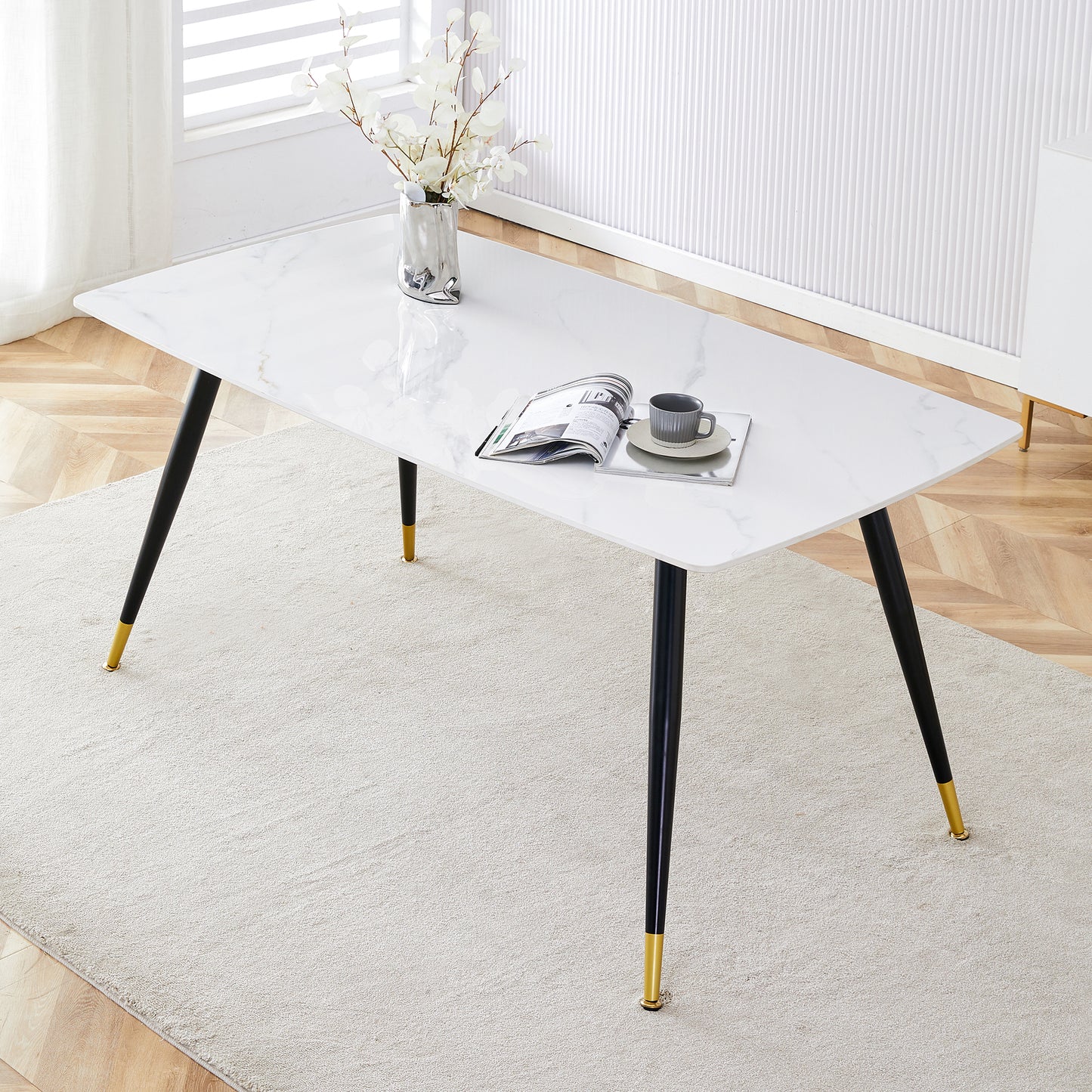 Melysen Modern Minimalist Dining Table. White Imitation Marble Pattern Sintered Stone Desktop with Black Metal Legs