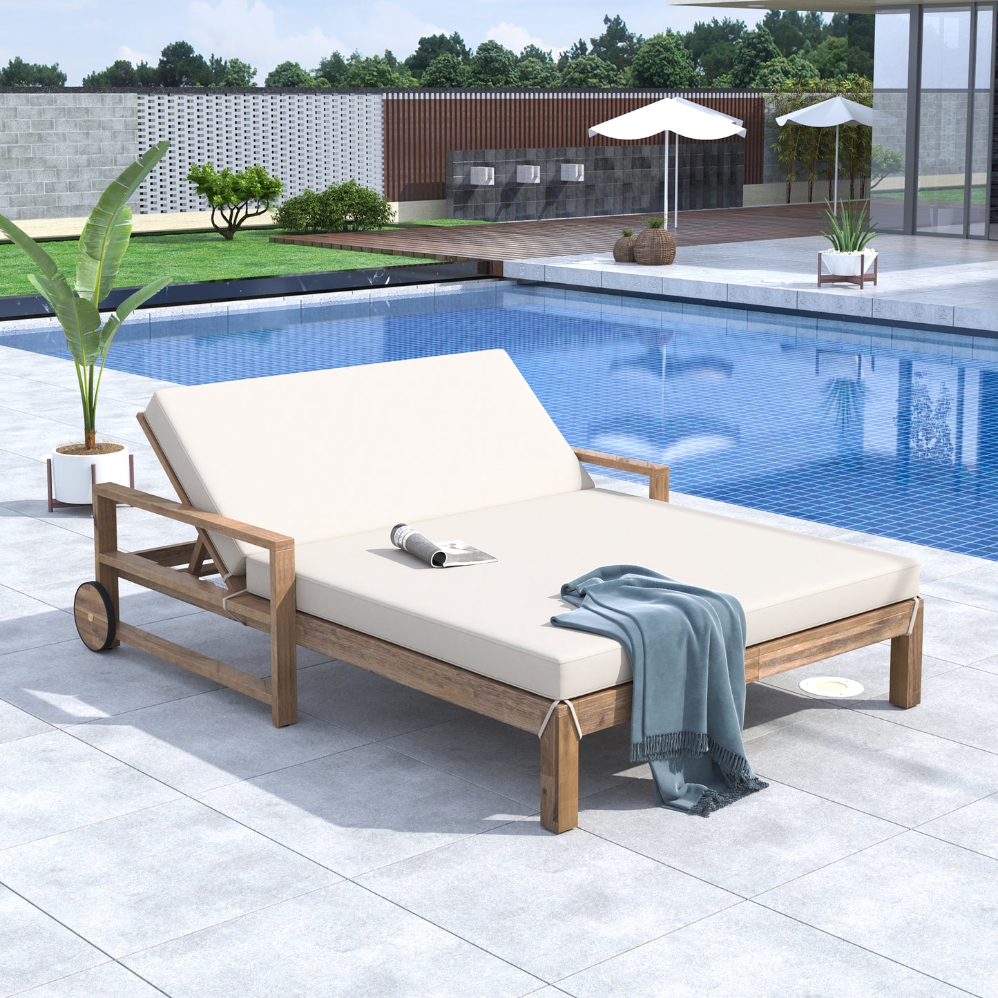 Melysen 1-Piece Farmhouse-styled Wooden Outdoor Sunbed for Ultimate Relaxation Outdoor Daybed Seating 2 People for Poolside, Garden and Backyard (Beige)