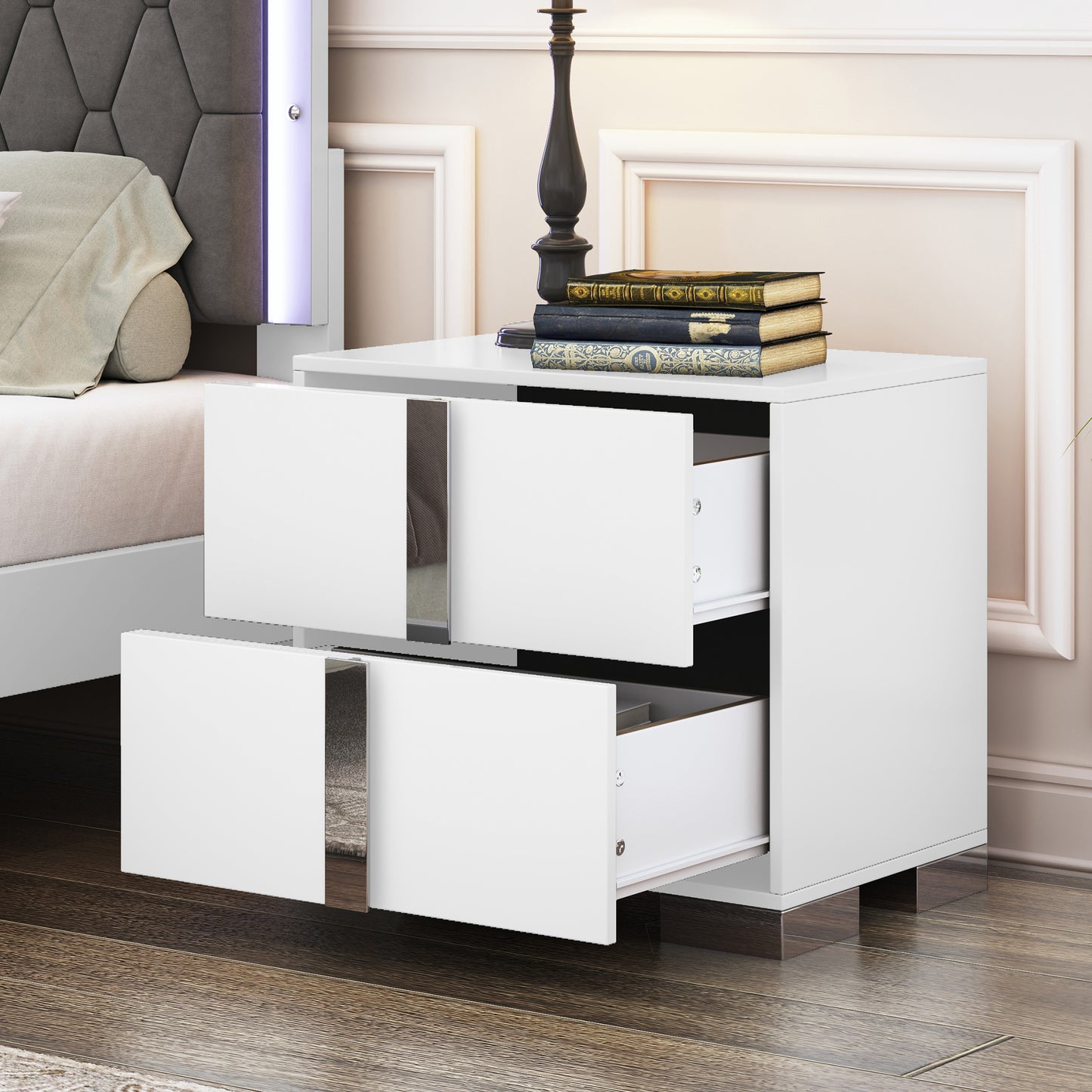 Melysen Elegant Nightstand with Metal Handle,Mirrored Bedside Table with 2 Drawers for Bedroom,Living Room