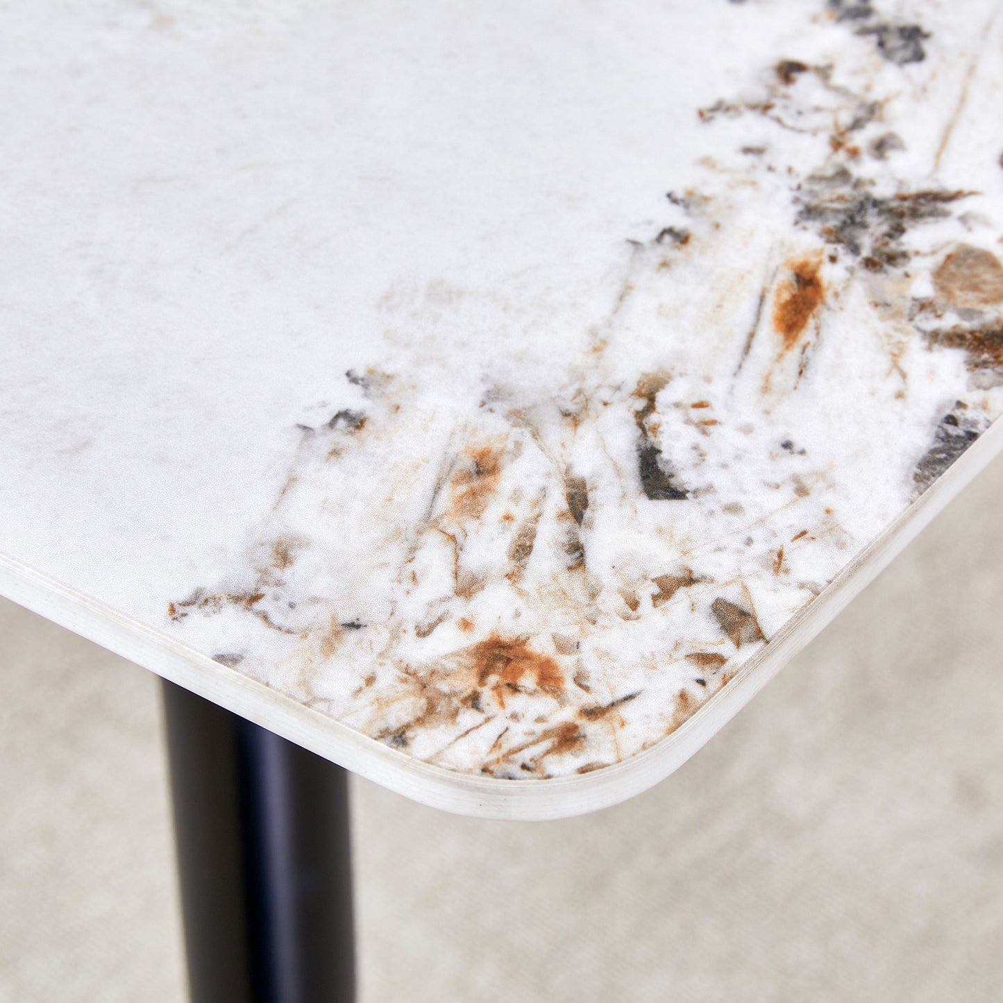 Melysen Modern Minimalist Dining Table. Imitation Marble Patterned Stone Burning Tabletop with Black Metal Legs