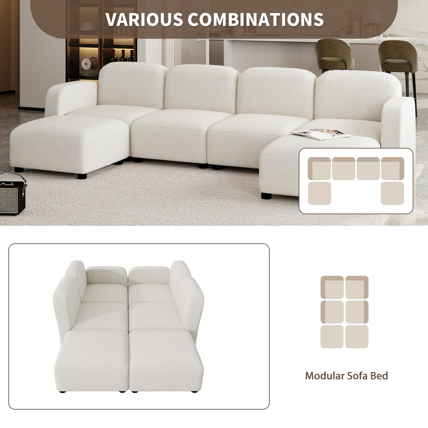 116*58" Velvet Modular Sectional Sofa,U Shaped Reversible Couch Set,Free Combination,6 Seat Sleeper Cloud Sofa Bed with Ottoman,Convertible Oversized Indoor Furniture Pieces for Living Room,Beige