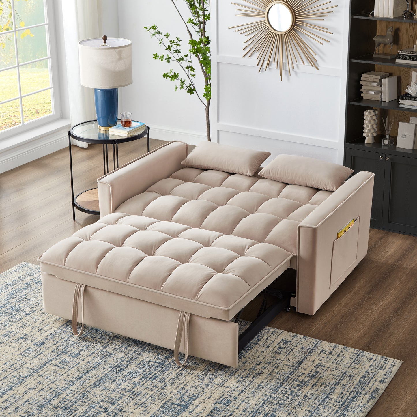 Melysen 4 in1 Loveseat Sofa Bed with Armrests & Storage Pockets, Multi-Function Tufted Pull-out Sofa Bed with Adjustable Backrest and Pillows, Convertible Loveseat Sofa Couchin