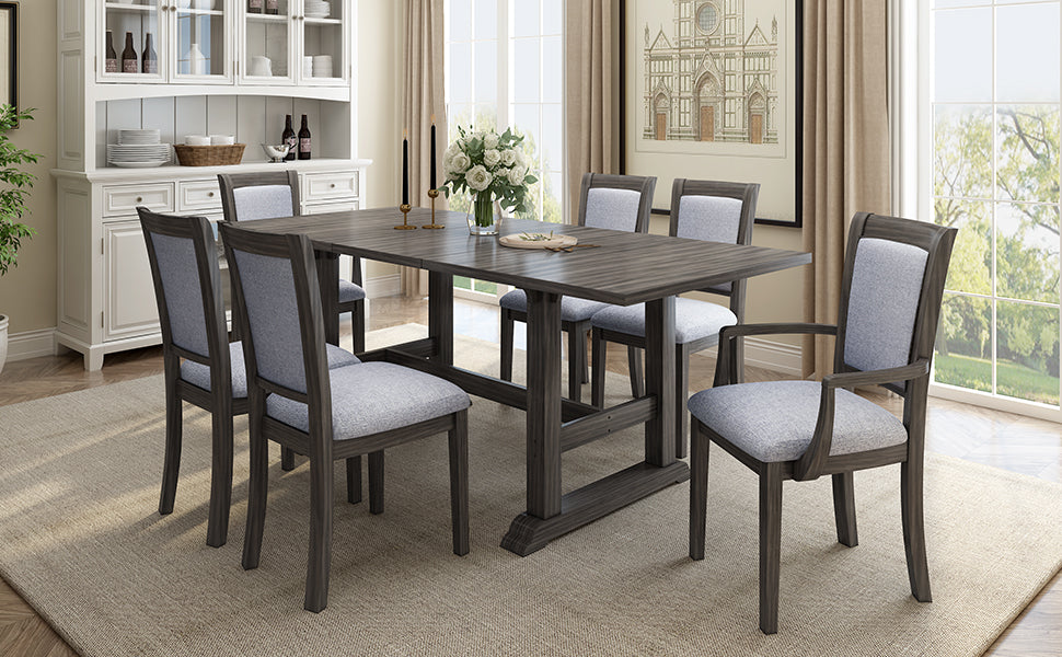 Melysen 7-Piece Updated 76.9inch Extendable Trestle Dining Table Set with Removable Leaf, Kitchen Table Set with Upholstered Side Chair and Arm Chair,Set of 6