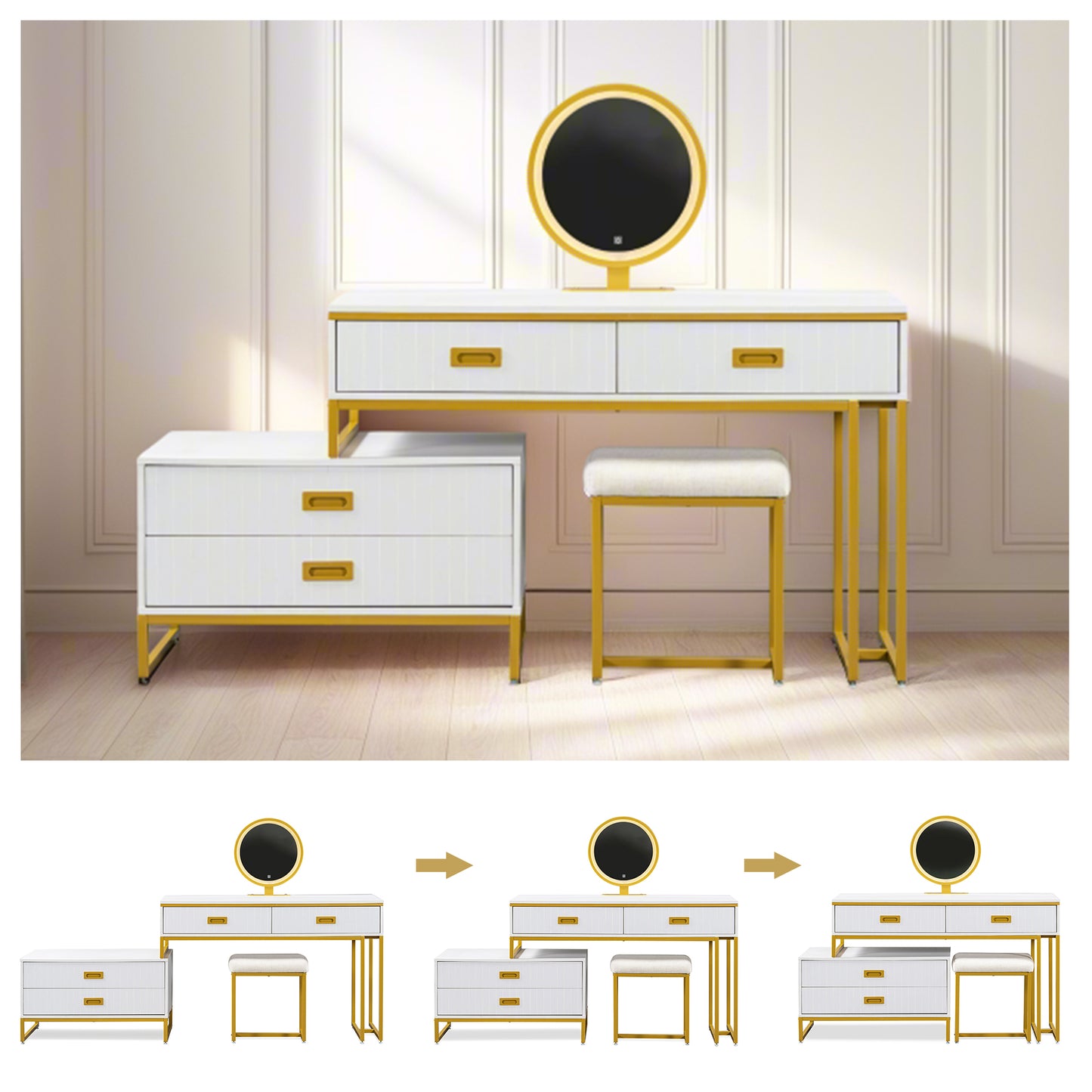 Melysen Modern Style Vanity Table With Movable Side Cabinet And 4-Drawers, Large Size Dressing Table With Mirror and 3-colors LED Light, Makeup Table With Stool, White, Golden Legs