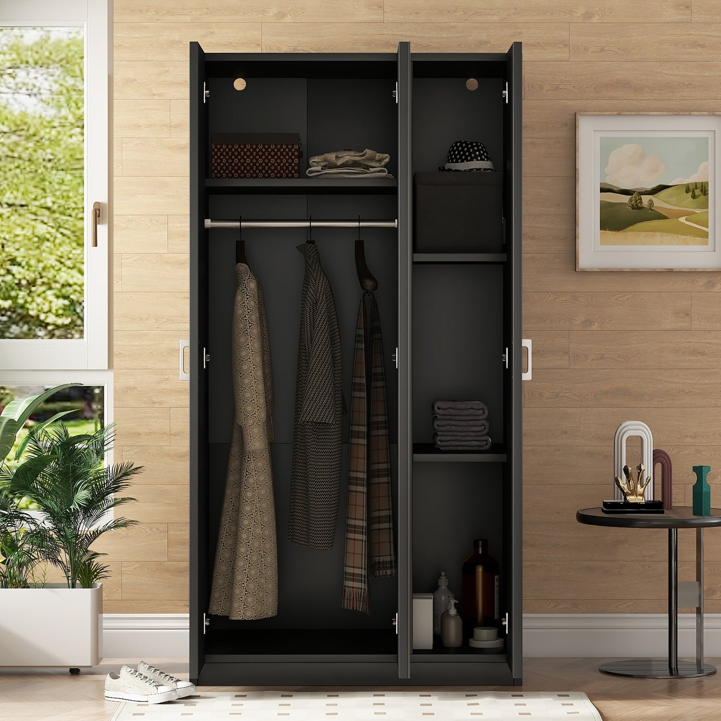 Melysen 3 Door Wardrobe with Mirror, Armoire with Hanging Rod and 3 Fixed Shelves