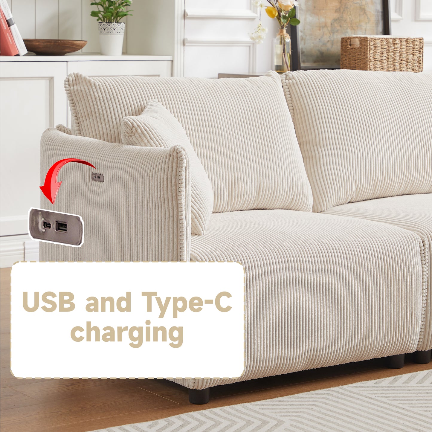 Melysen 106" Multi-Module Combination Style Sofa for Living Room, Bedroom and Other Lounge Spaces, Modern Minimalist Corduroy Combination Sofa with 2 Comfort Cushions with USB & C Charging Ports