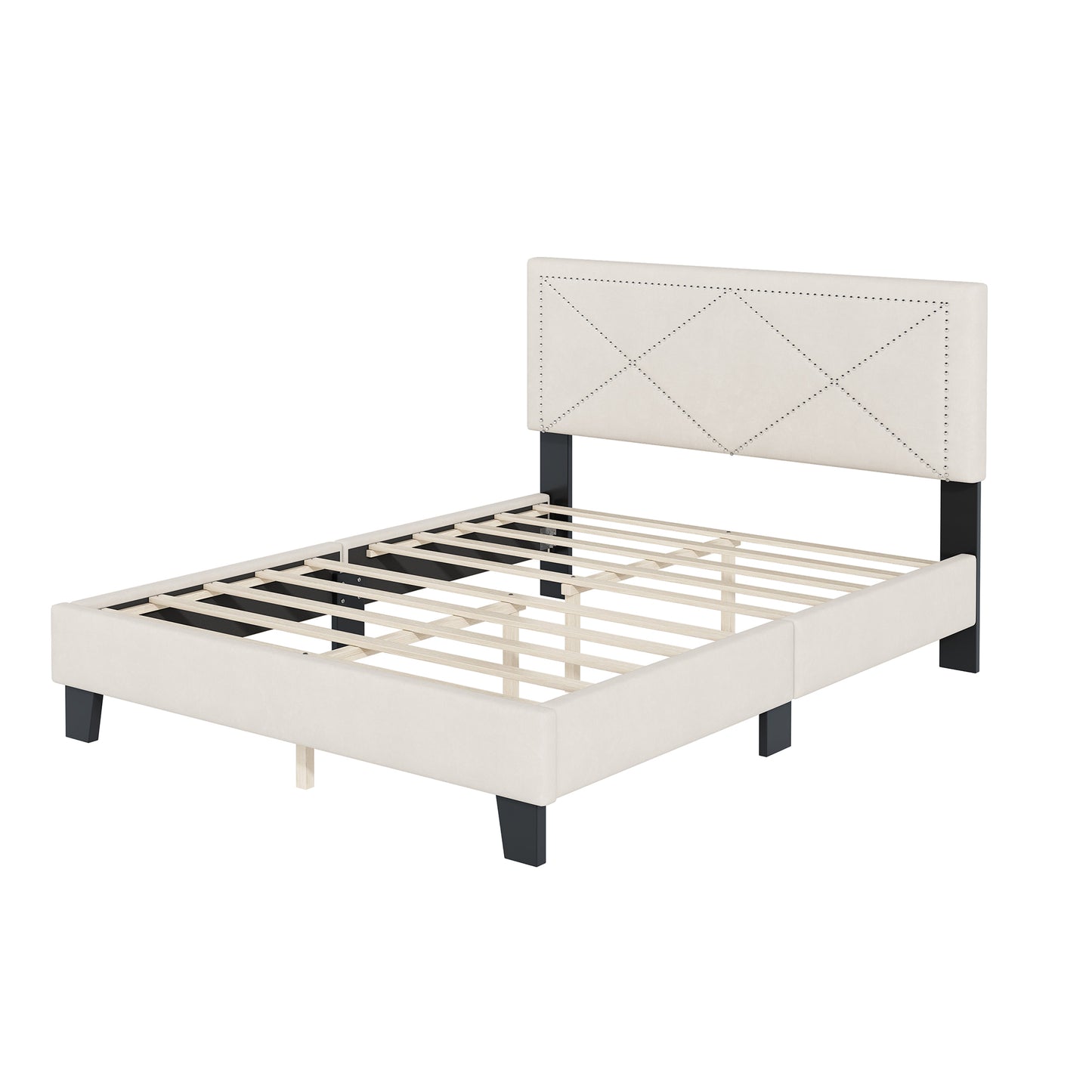 Melysen Simple Queen Size Upholstered Bed Frame with Rivet Design, Modern Velvet Platform Bed with headboard