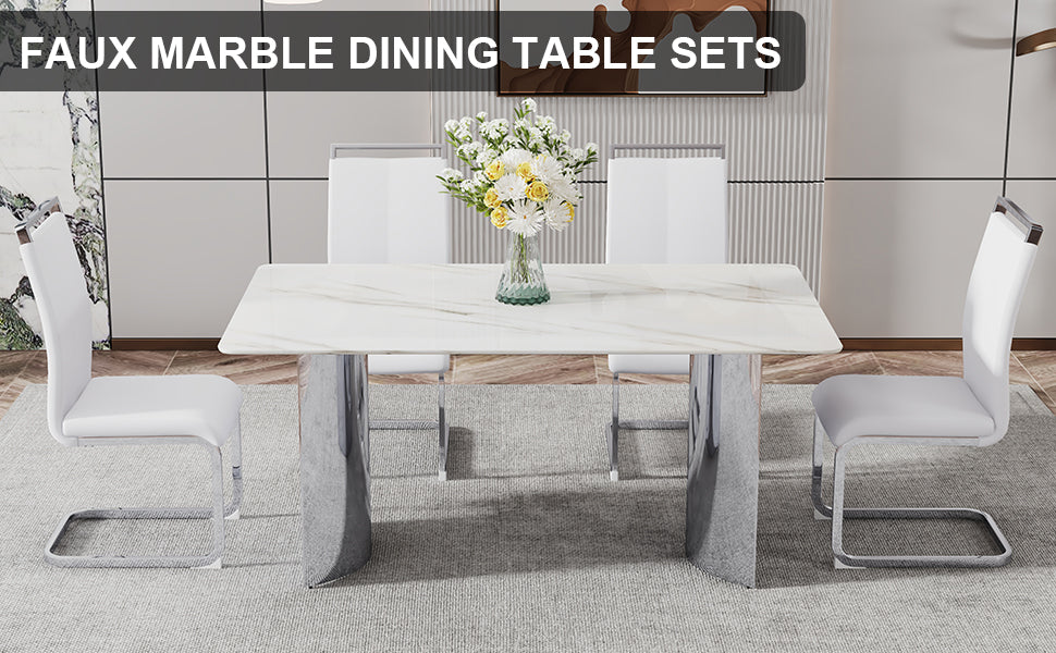 Melysen Modern Minimalist Dining Table. Imitation Marble Glass Sticker Desktop, Stainless Steel Legs, Stable and Beautiful. 4 White Pu Seats. 63"* 35.4" * 29.5"