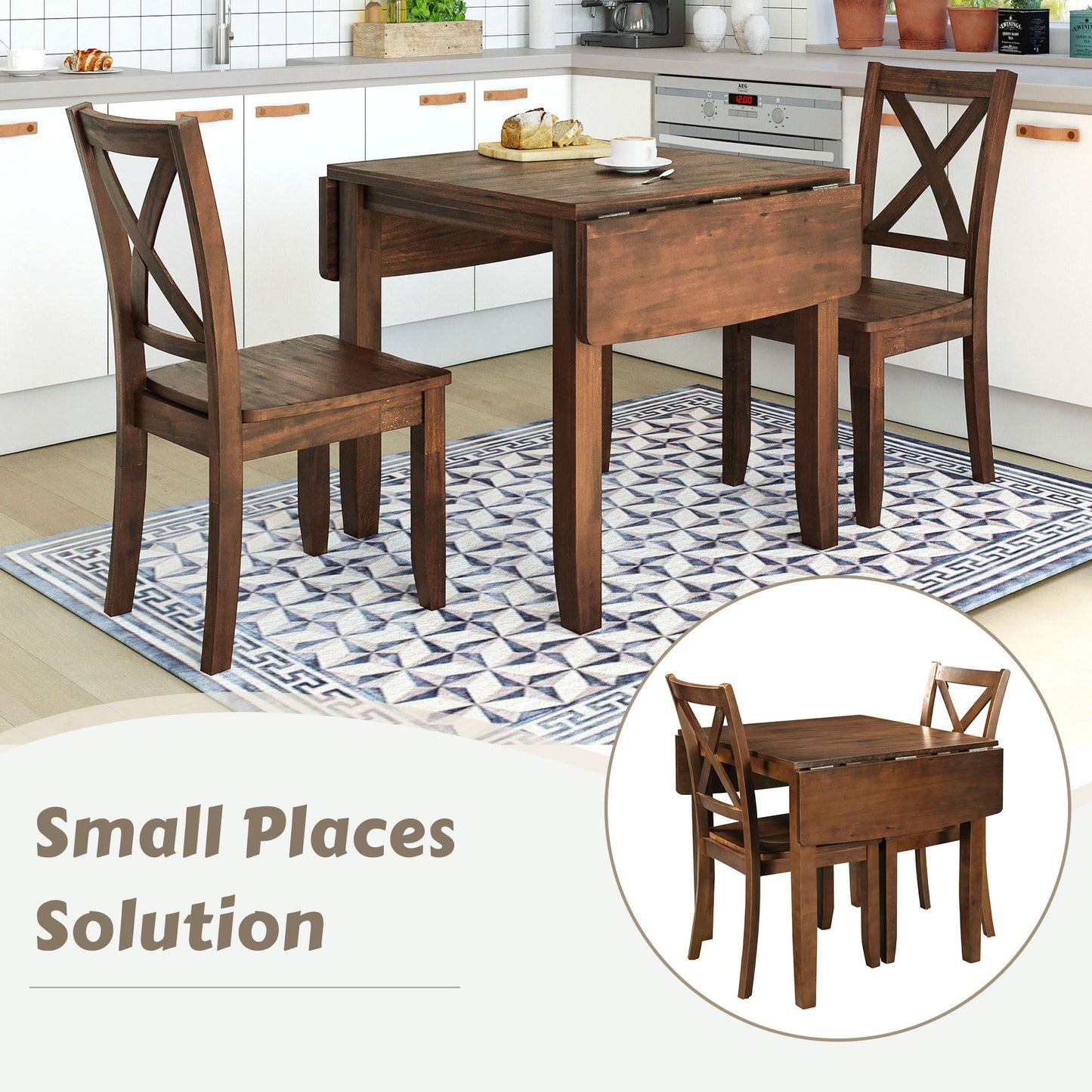 Melysen 3-Piece Wood Drop Leaf Breakfast Nook Dining Table Set with 2 X-back Chairs for Small Places