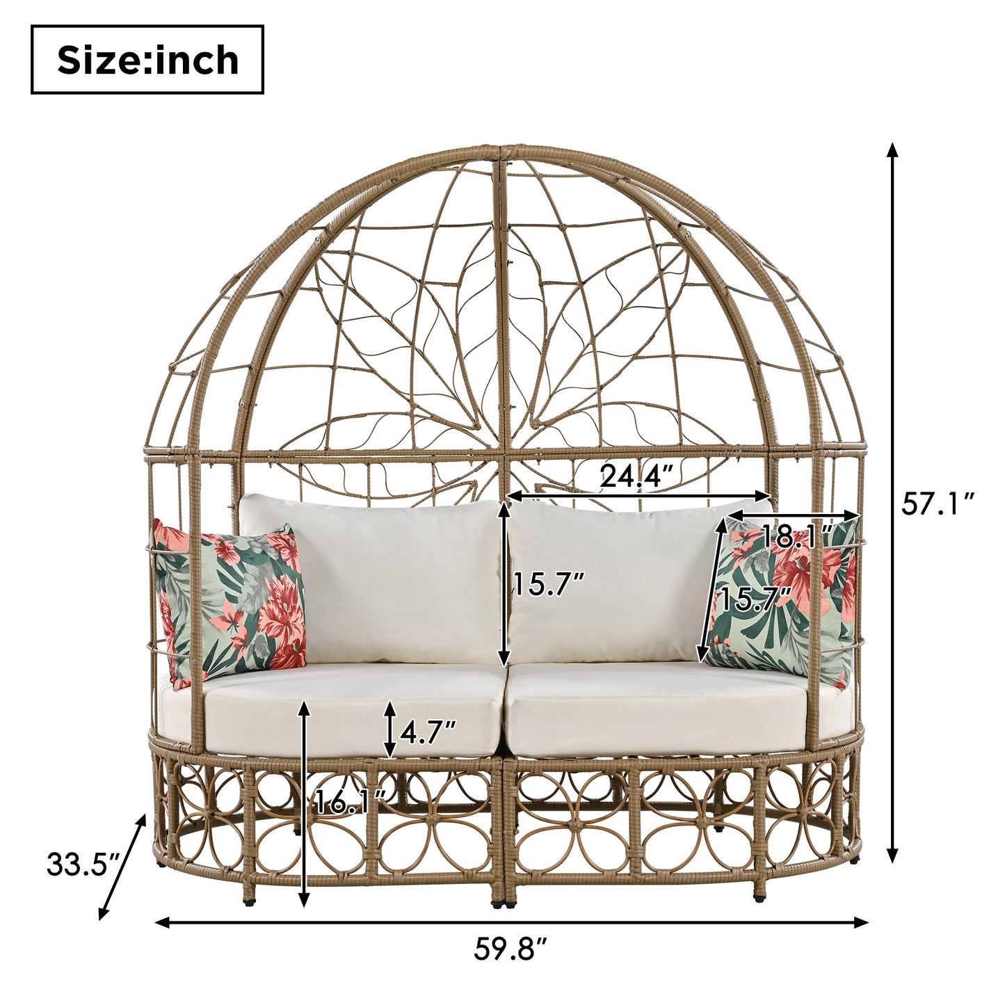 Melysen 59.8" Daybed Outdoor Sunbed With Colorful Pillows, Wicker Patio Daybed With Curtain, Floral Pattern, Natural Wicker, Beige Cushion