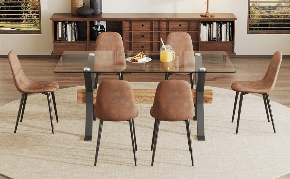 Melysen Dining Table. Modern Tempered Glass Dining Table. Large Modern office Desk with Black Metal Legs and Mdf Crossbars, Suitable For Home and office Use. 6 High-End Cushioned Seats