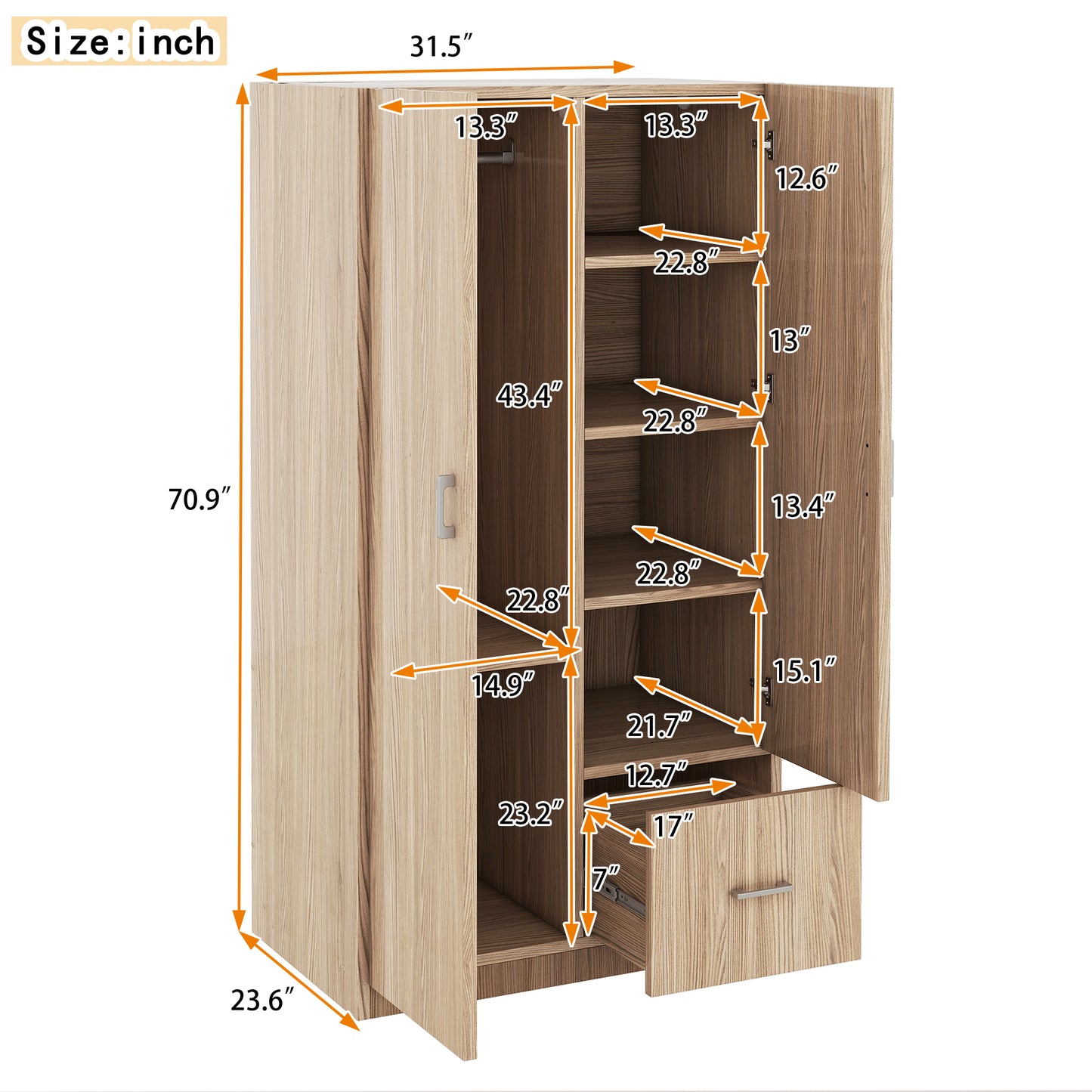 Melysen Wooden Wardrobe with Double Doors, Armoire with Hanging Rod, 5 Fixed Shelves, One Storage Drawer