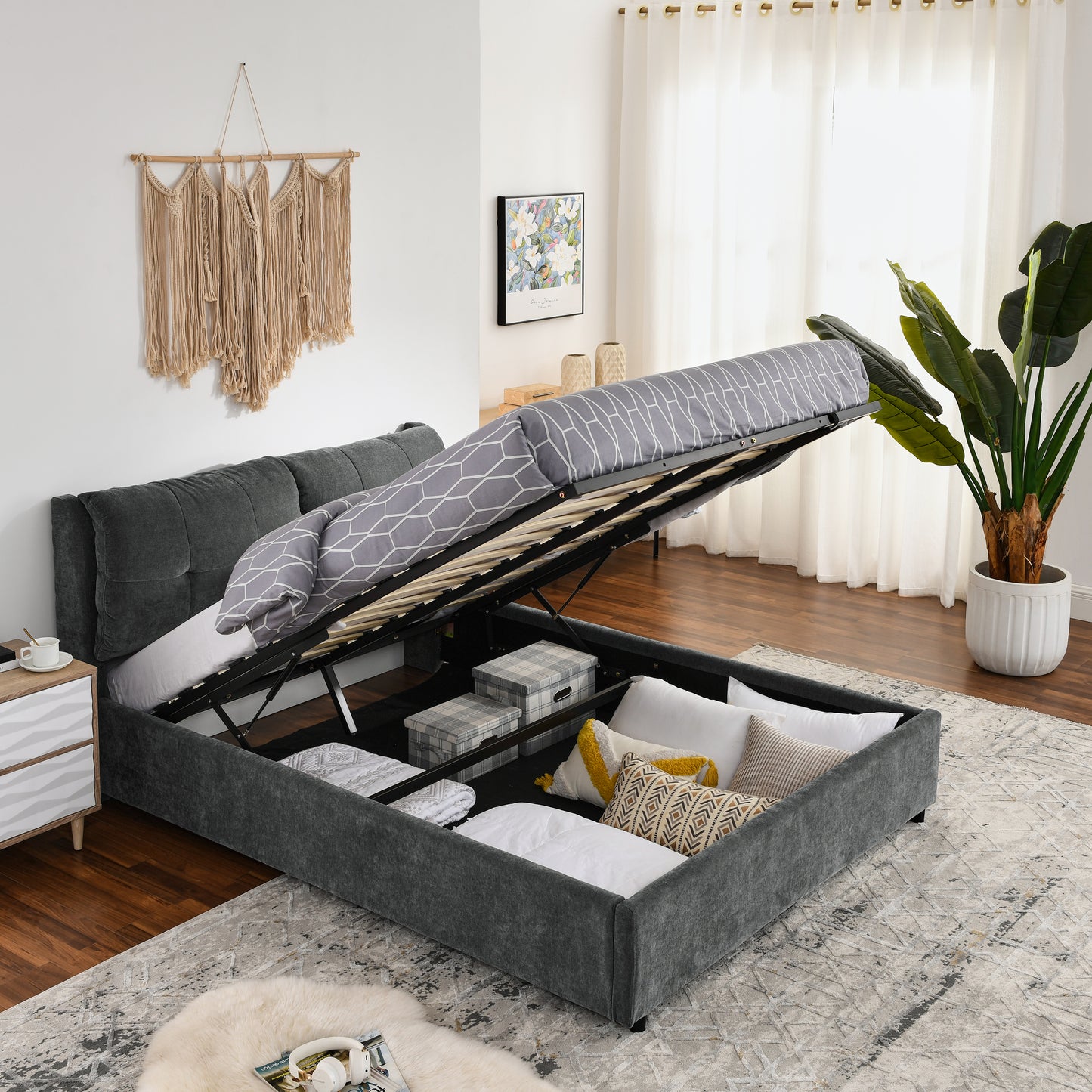 Melysen Queen Size Storage Upholstered Hydraulic Platform Bed with Integrated Headboard, Chenille Fabric