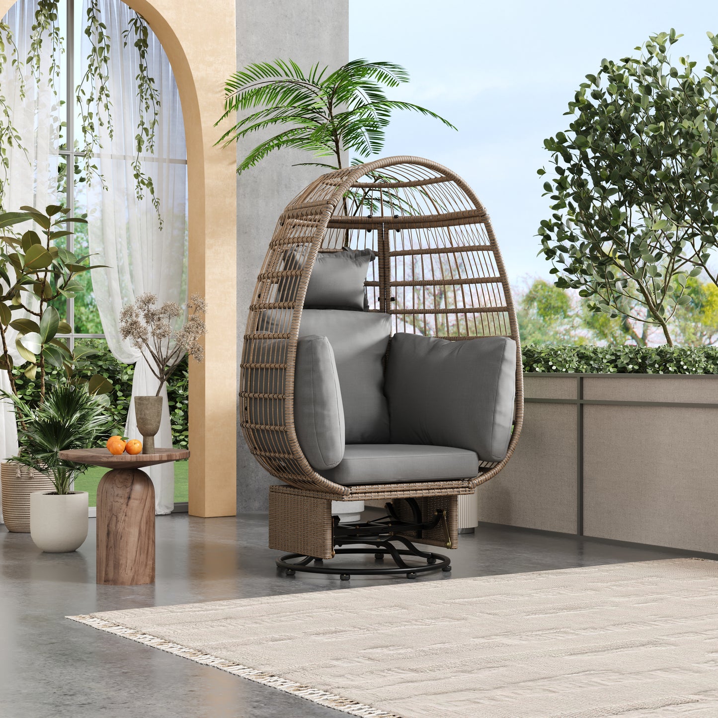 Melysen Outdoor Swivel Chair with Cushions, Rattan Egg Patio Chair with Rocking Function for Balcony, Poolside and Garden (Natural Wicker + Grey Cushion)