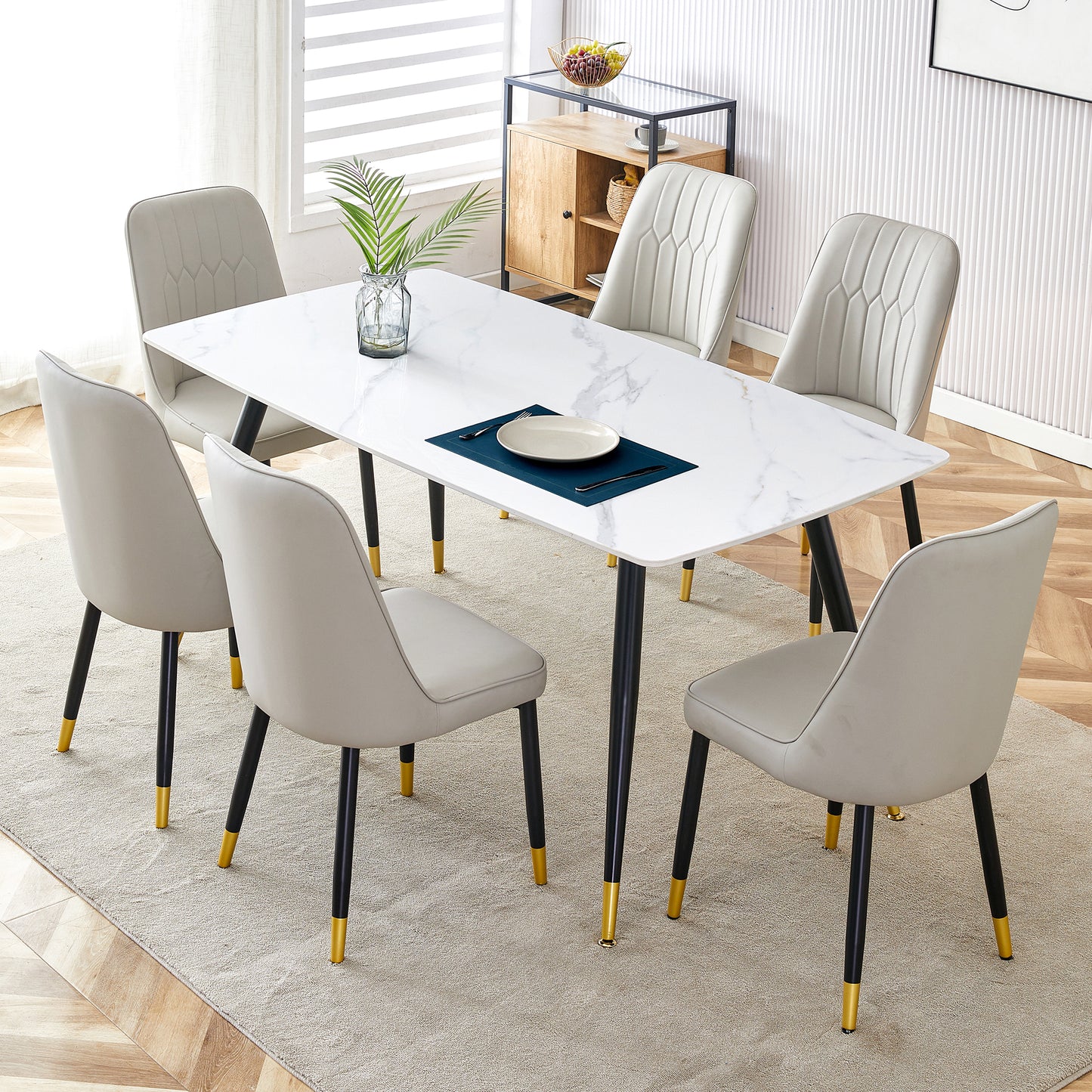 Melysen Modern Minimalist Dining Table. White Imitation Marble Pattern Sintered Stone Desktop with Black Metal Legs.Modern Dining Chair with Pu Artificial Leather Backrest Cushion and Black Metal Legs.005