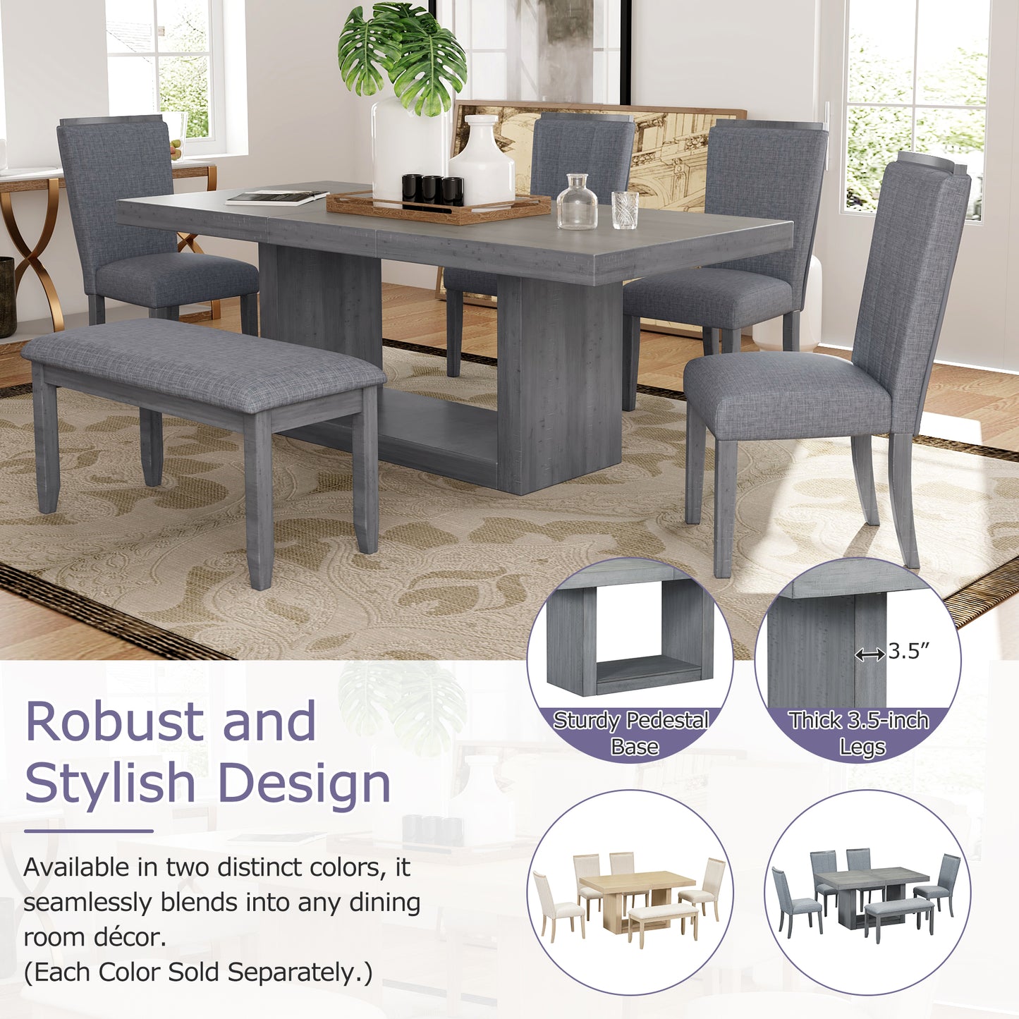 Melysen Contemporary 6-Piece 78inch Extendable Pedestal Dining Table Set with 18inch Removable Leaf and Dining Bench, 4 Upholstered Dining Chairs,Gray