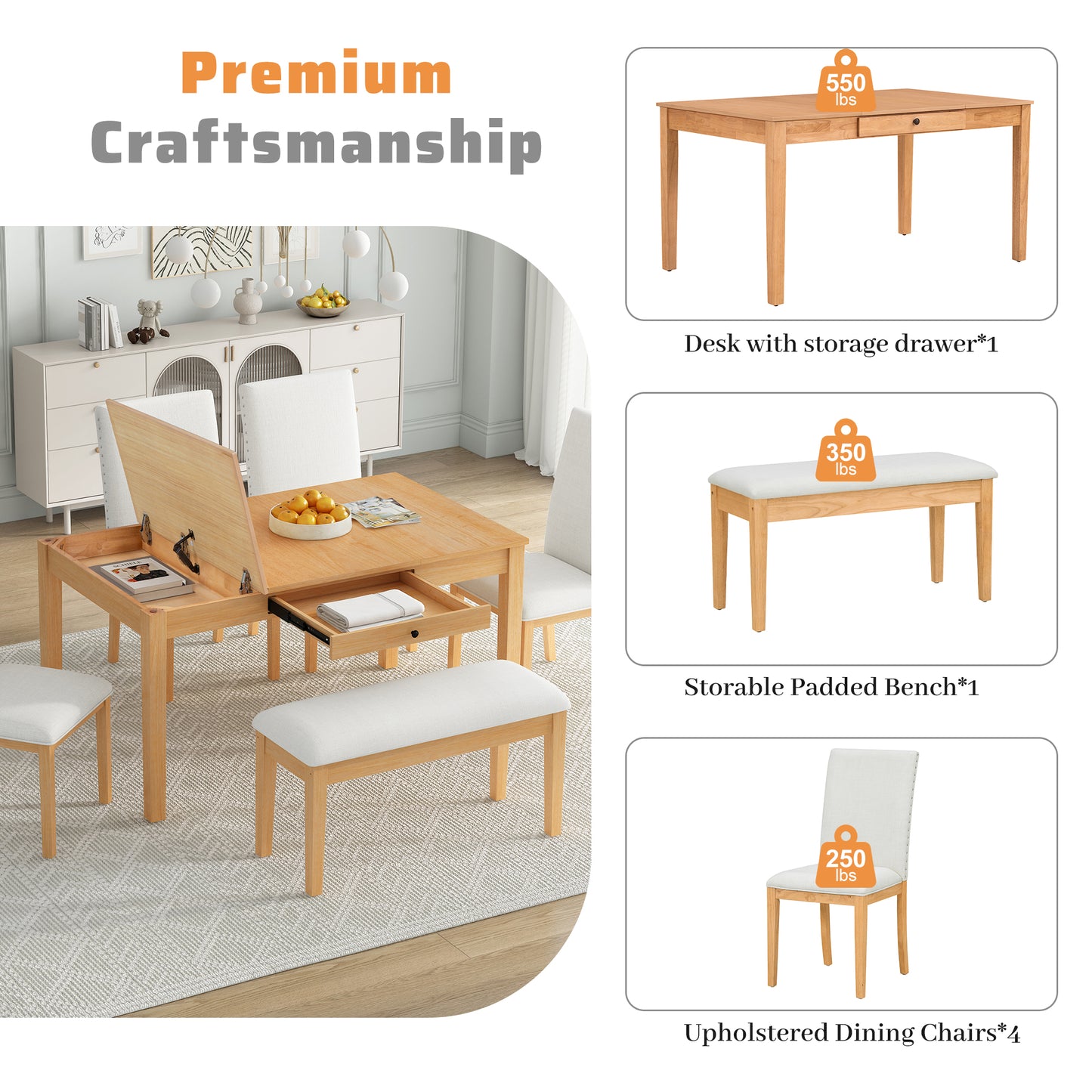 Melysen Farmhouse 6-Piece Dining Table Set with Storage Table, Kitchen Table Set with Drawer, Storable Bench and Upholstered Dining Chairs