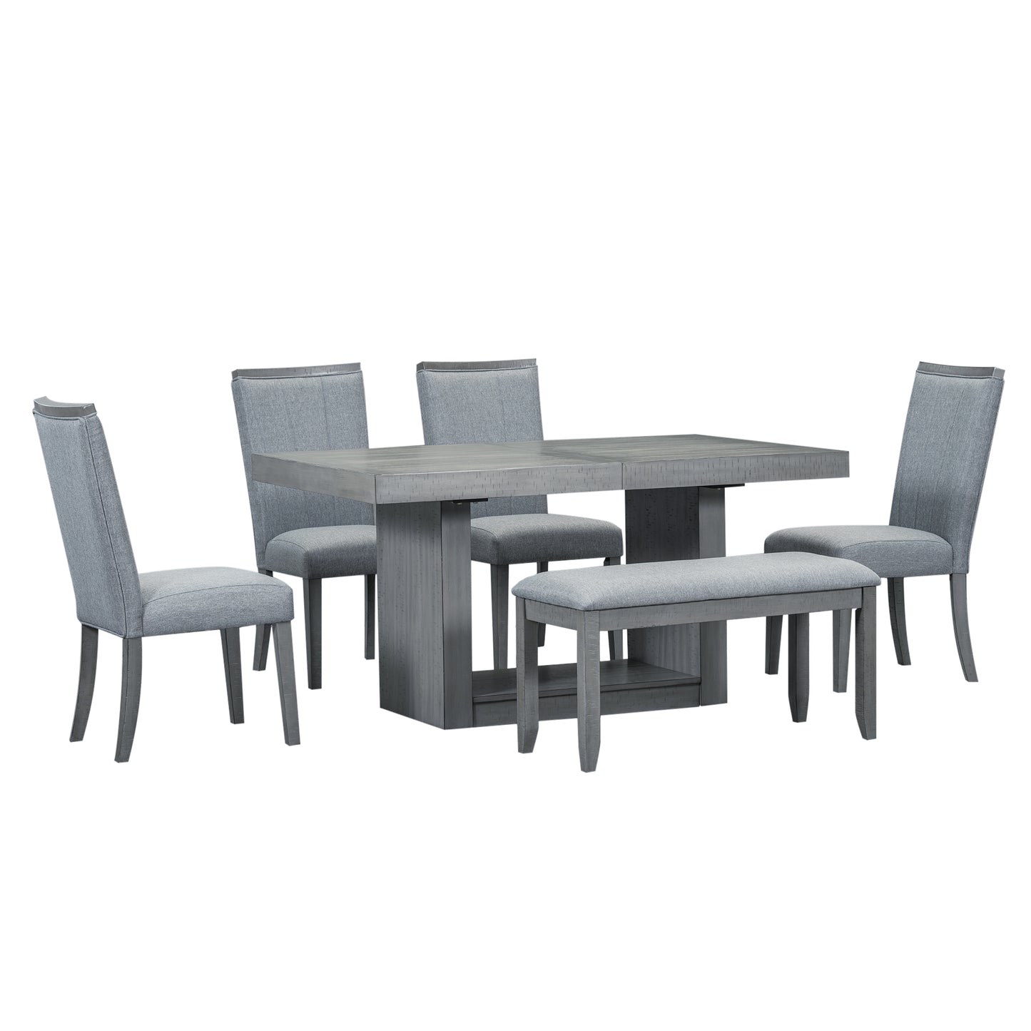 Melysen Contemporary 6-Piece 78inch Extendable Pedestal Dining Table Set with 18inch Removable Leaf and Dining Bench, 4 Upholstered Dining Chairs,Gray