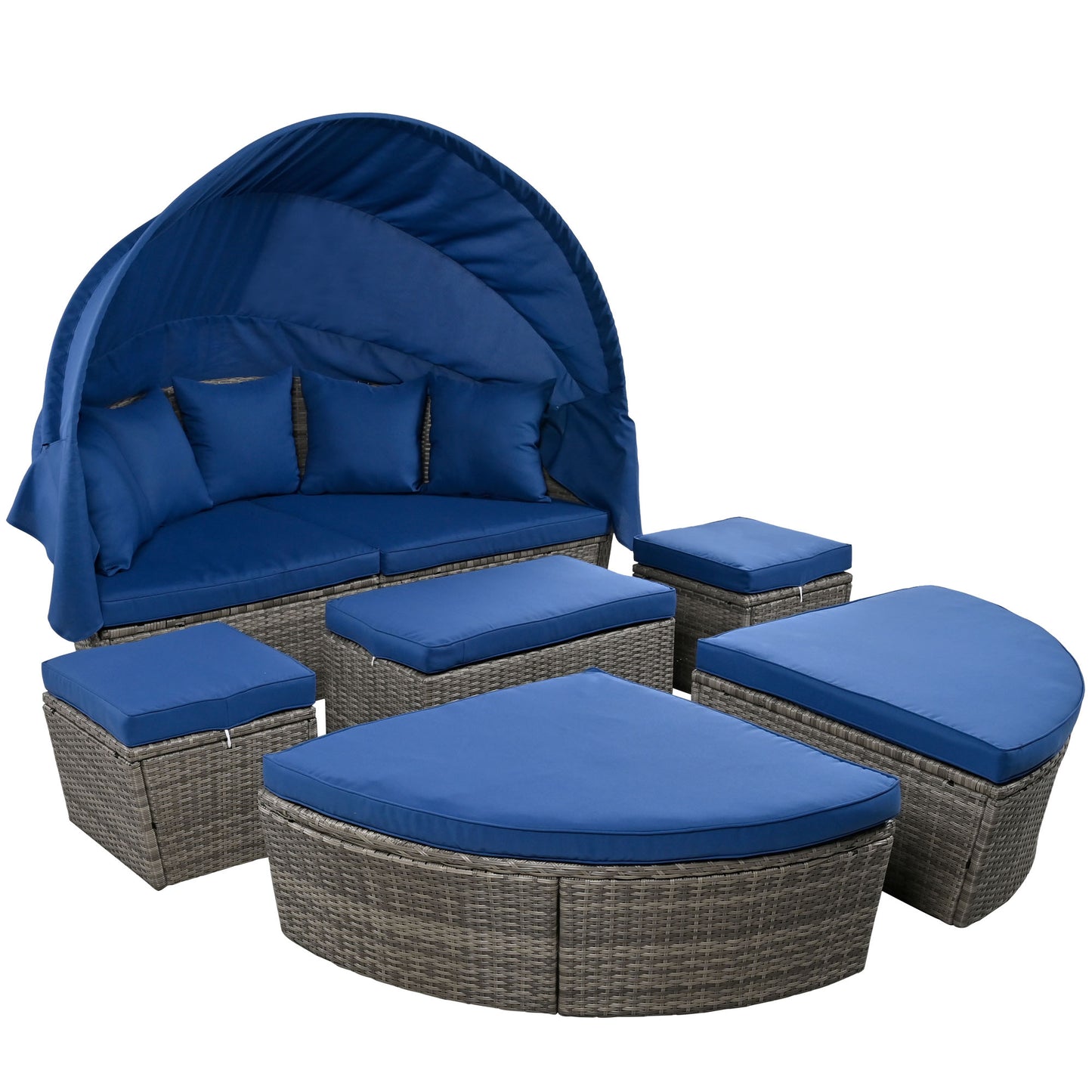 Melysen Outdoor rattan daybed sunbed with Retractable Canopy Wicker Furniture, Round Outdoor Sectional Sofa Set, Gray Wicker Furniture Clamshell Seating with Washable Cushions, Backyard, Porch, Blue