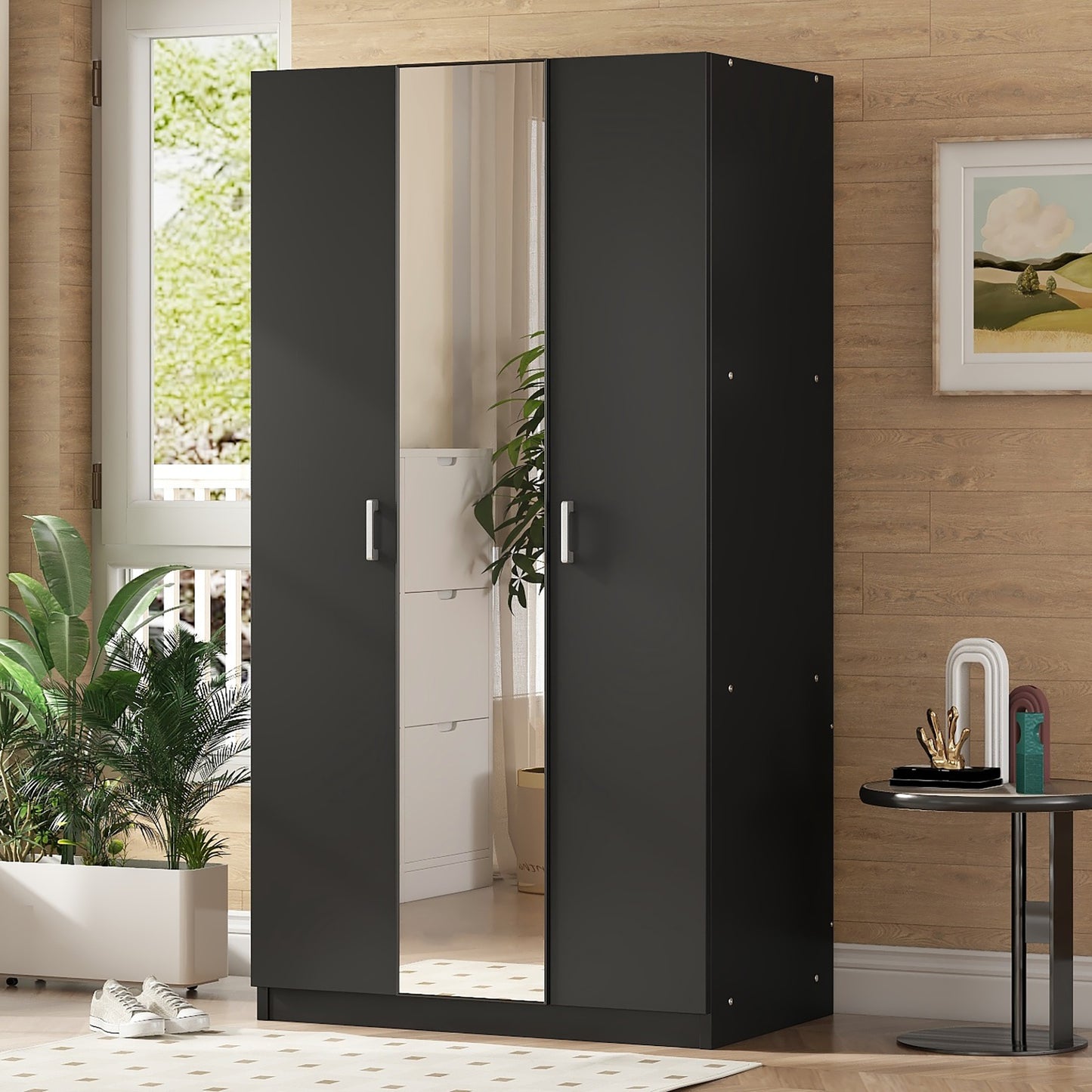 Melysen 3 Door Wardrobe with Mirror, Armoire with Hanging Rod and 3 Fixed Shelves