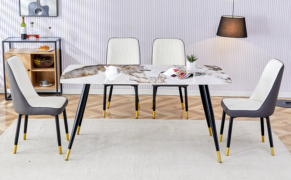 Melysen Modern Minimalist Dining Table. Imitation Marble Patterned Stone Burning Tabletop with Black Metal Legs.Modern Dining Chair with Pu Artificial Leather Backrest Cushion and Black Metal Legs.009