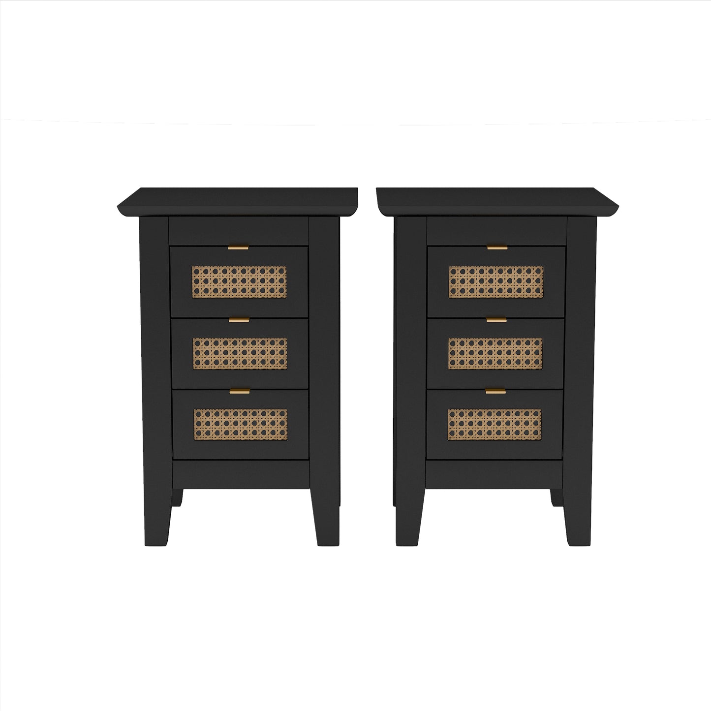 Melysen Wooden Nightstands Set of 2 with Rattan-Woven Surfaces and Three Drawers, Exquisite Elegance with Natural Storage Solutions for Bedroom