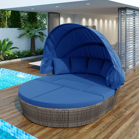 Melysen Outdoor rattan daybed sunbed with Retractable Canopy Wicker Furniture, Round Outdoor Sectional Sofa Set, Gray Wicker Furniture Clamshell Seating with Washable Cushions, Backyard, Porch, Blue