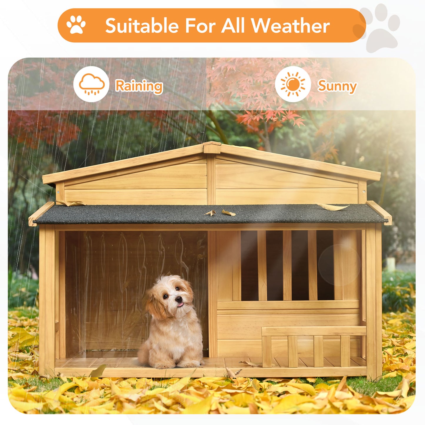 Melysen 47.2" Wooden Dog House, Outdoor & Indoor Dog Crate, Pet Kennel With Porch, Solid Wood, Weatherproof,  Medium, Nature