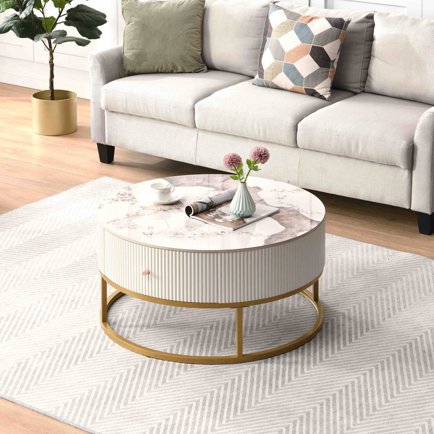 Melysen 31.5 Inch Modern Round Coffee Table with Drawers, Marble Table with Storage, Coffee Table for Living Room