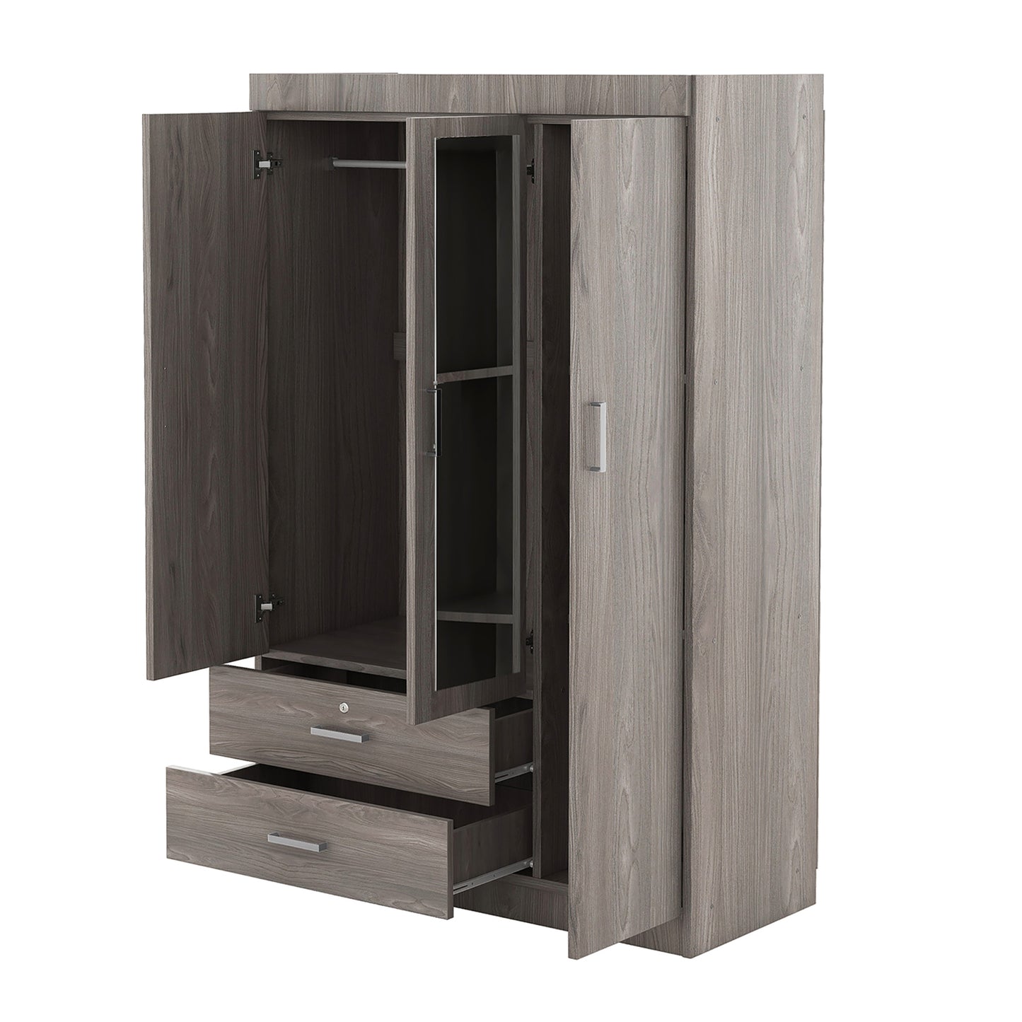 Melysen 3-Door Mirror Wardrobe with shelves, Gray