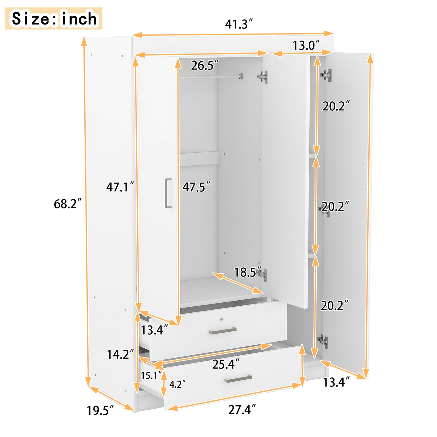 Melysen 3-Door Mirror Wardrobe with shelves, White