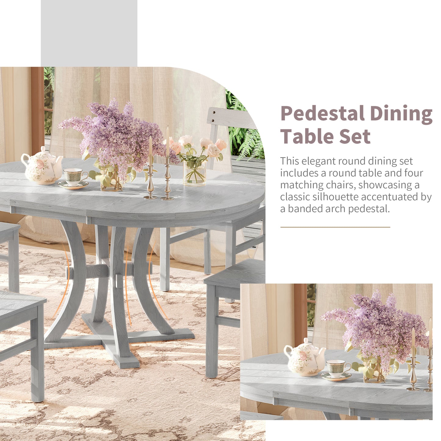 Melysen 5-Piece Rustic Round Pedestal Extendable Dining Table Set