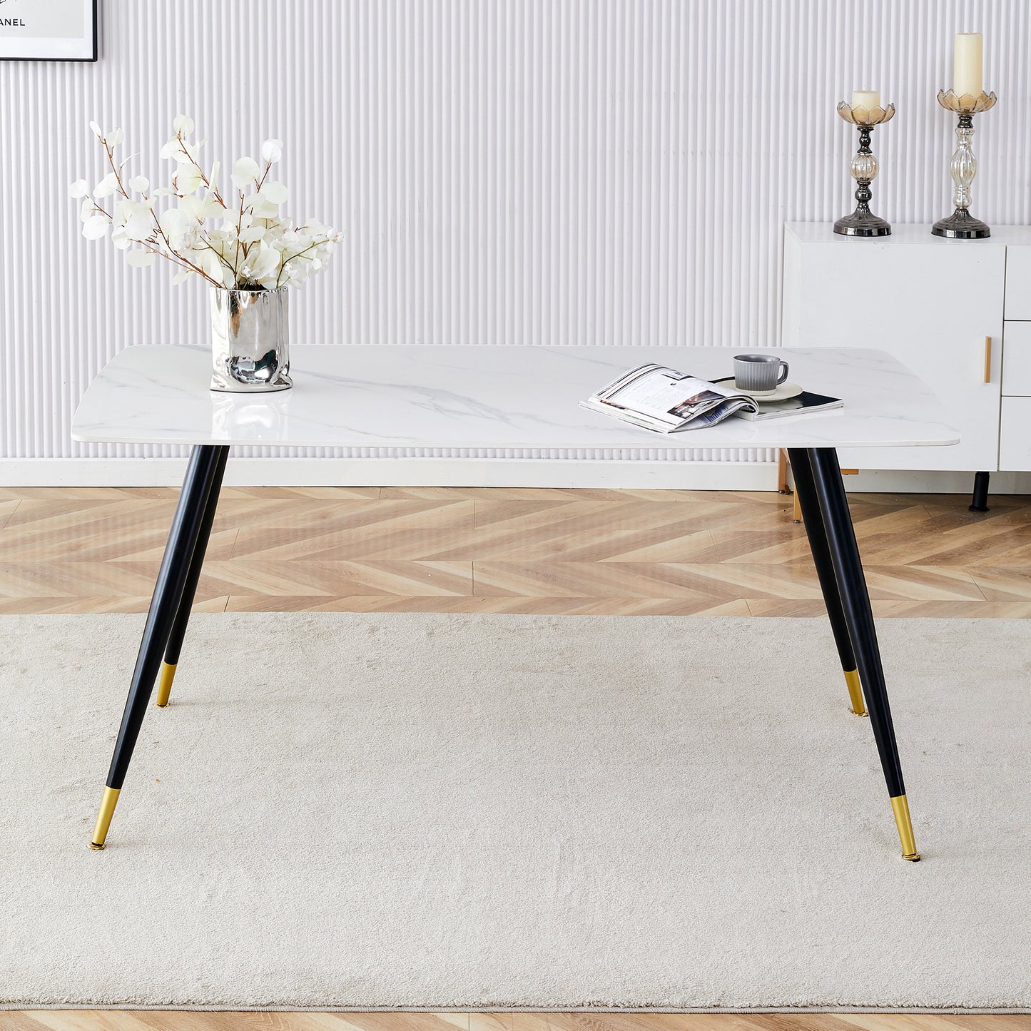 Melysen Modern Minimalist Dining Table. White Imitation Marble Pattern Sintered Stone Desktop with Black Metal Legs