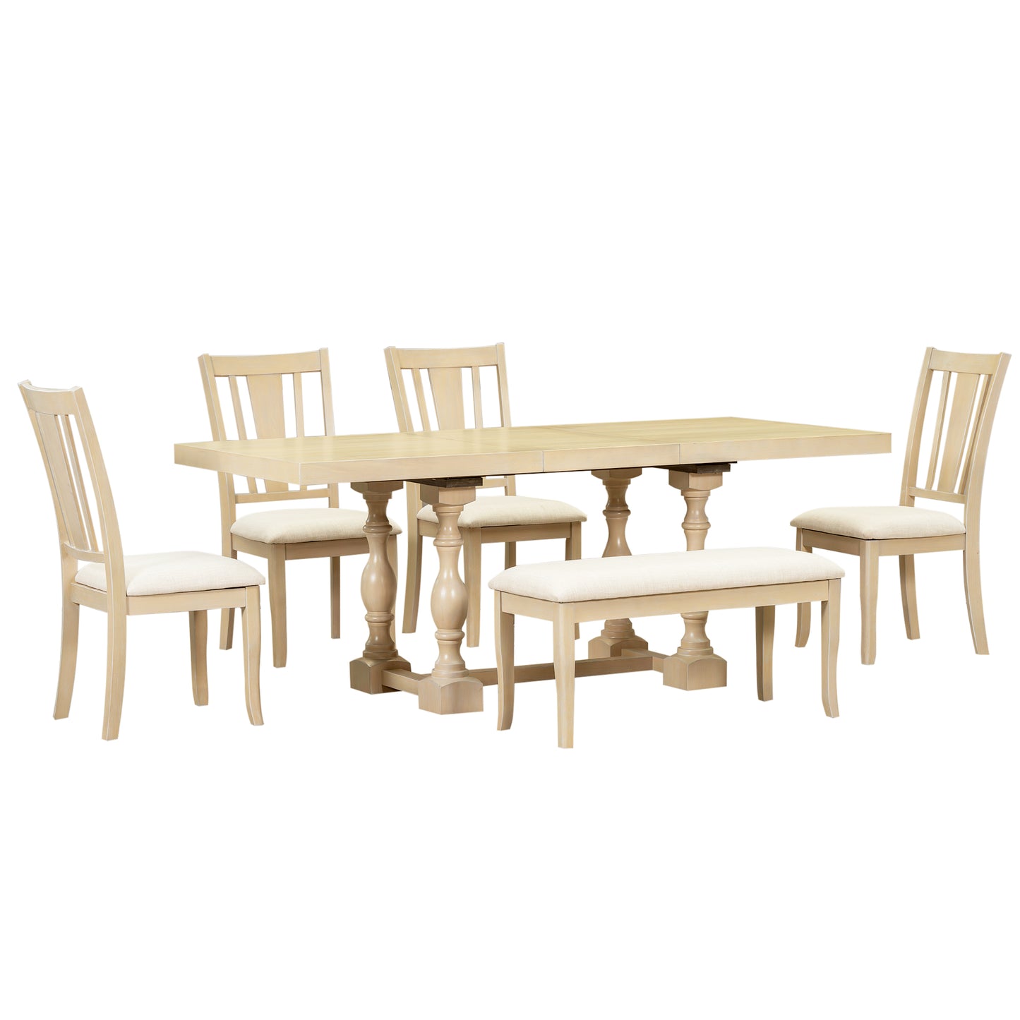 Melysen Traditional 6-Piece 78inch Trestle Extendable Dining Table Set with One 18inch Removable Leaf, Padded Dining Chairs and Bench