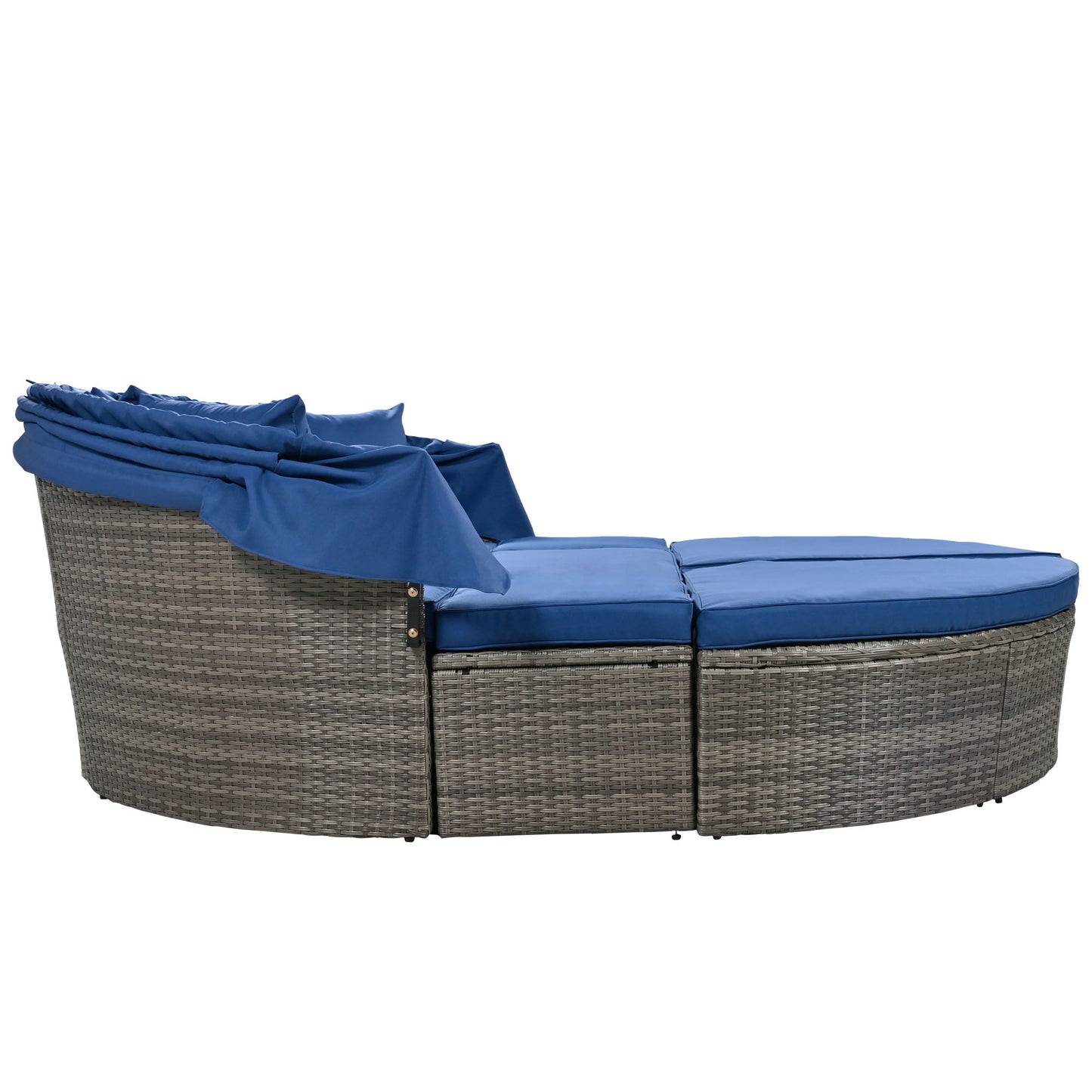 Melysen Outdoor rattan daybed sunbed with Retractable Canopy Wicker Furniture, Round Outdoor Sectional Sofa Set, Gray Wicker Furniture Clamshell Seating with Washable Cushions, Backyard, Porch, Blue