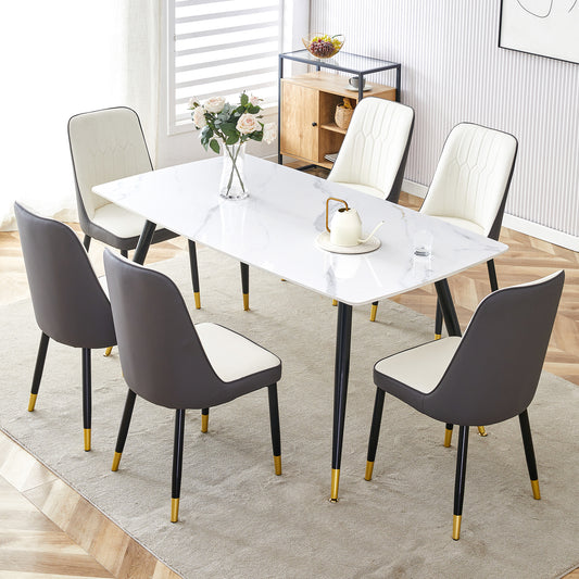 Melysen Modern Minimalist Dining Table. White Imitation Marble Pattern Sintered Stone Desktop with Black Metal Legs.Modern Dining Chair with Pu Artificial Leather Backrest Cushion and Black Metal Legs.003