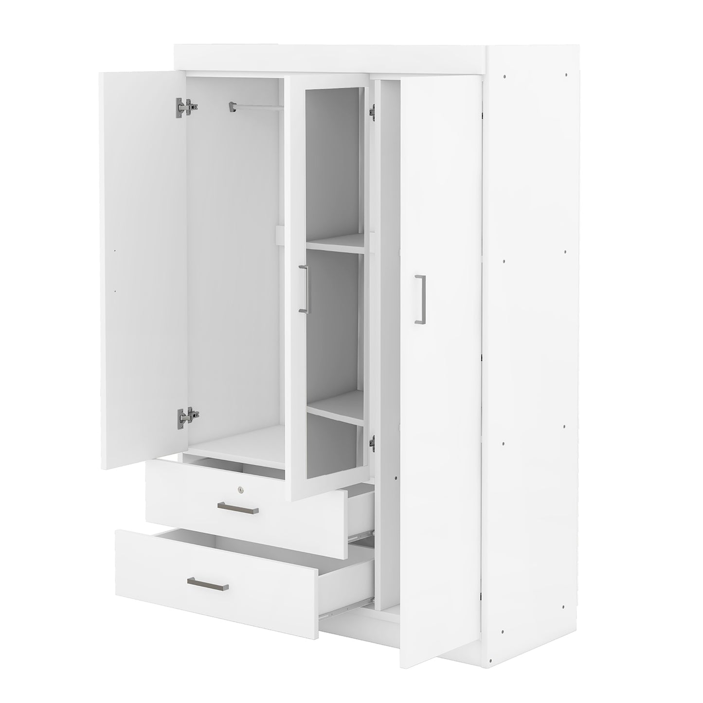 Melysen 3-Door Mirror Wardrobe with shelves, White