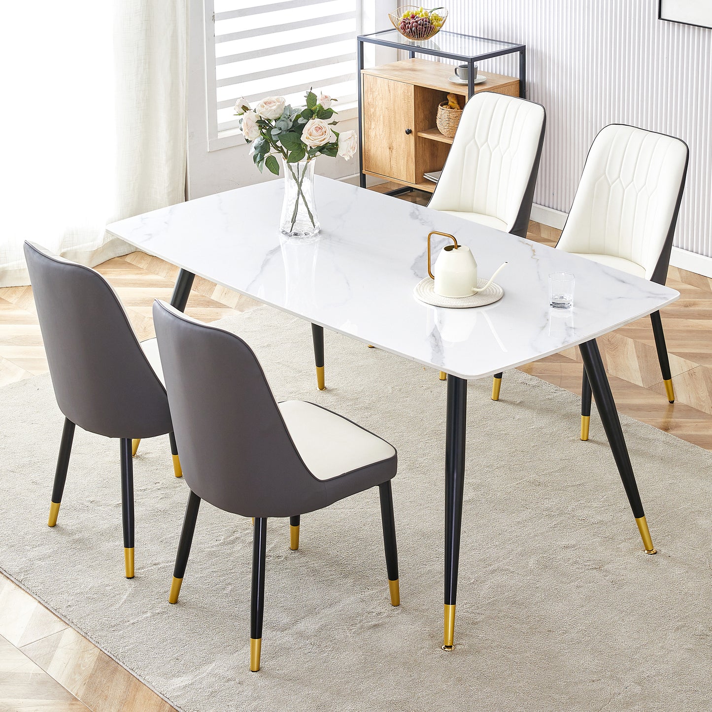 Melysen Modern Minimalist Dining Table. White Imitation Marble Pattern Sintered Stone Desktop with Black Metal Legs.Modern Dining Chair with Pu Artificial Leather Backrest Cushion and Black Metal Legs.002