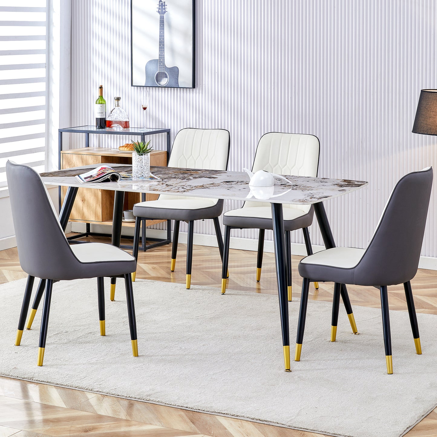 Melysen Modern Minimalist Dining Table. Imitation Marble Patterned Stone Burning Tabletop with Black Metal Legs.Modern Dining Chair with Pu Artificial Leather Backrest Cushion and Black Metal Legs.009