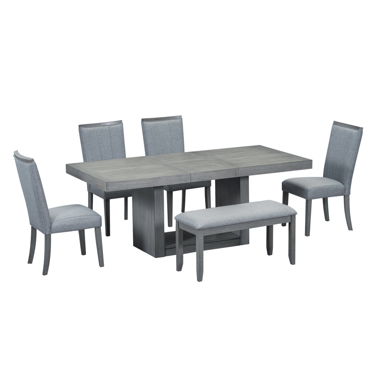 Melysen Contemporary 6-Piece 78inch Extendable Pedestal Dining Table Set with 18inch Removable Leaf and Dining Bench, 4 Upholstered Dining Chairs,Gray