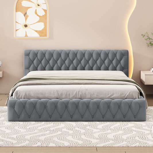 Melysen Queen Size Velvet Upholstered Platform Bed, with Luxurious Diamond Grid Headboard,Gray