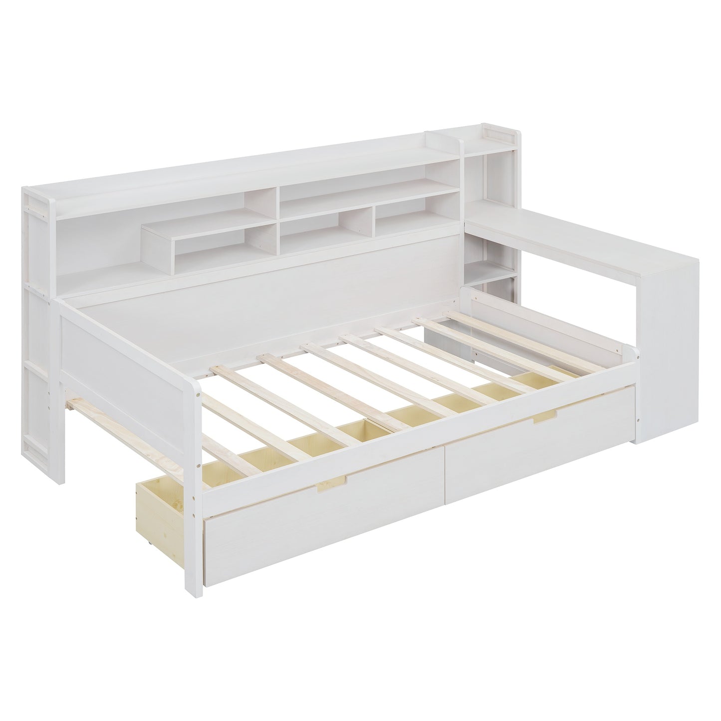 Melysen Wooden Twin Size Daybed with Storage Shelves, Multi-functional Bed with Two Storage Drawers and  Study Desk