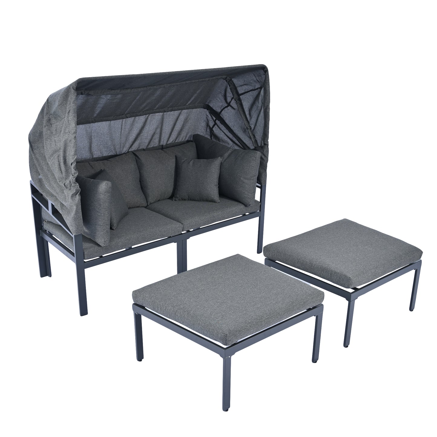 Melysen 3-Piece Patio Daybed with Retractable Canopy Outdoor Metal Sectional Sofa Set Sun Lounger with Cushions for Backyard, Porch, Poolside