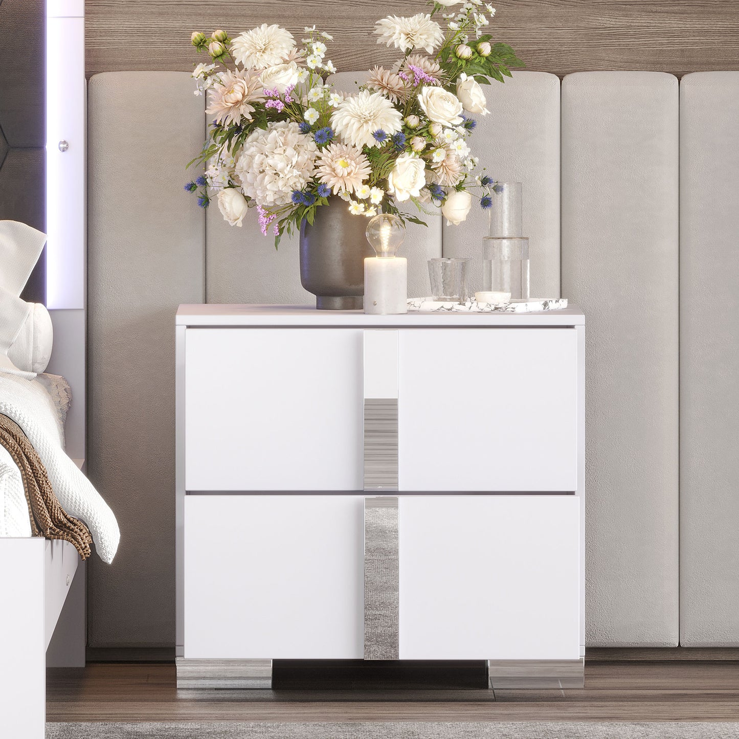 Melysen Elegant Nightstand with Metal Handle,Mirrored Bedside Table with 2 Drawers for Bedroom,Living Room