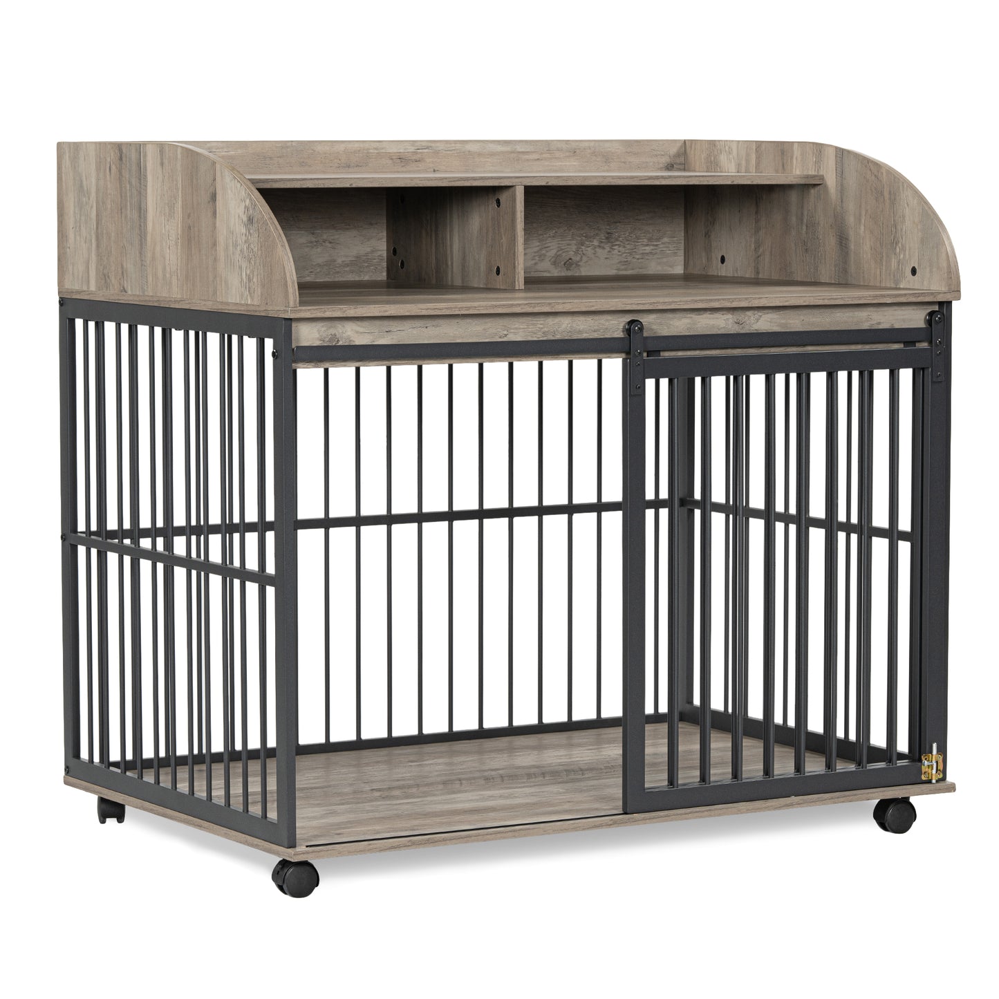 Melysen 44'' Heavy Duty Large Dog Crate Furniture for Large Medium Dog with Lockable Wheels, Wooden Dog Crate Dog Kennel, End Table Crate with Double layer storage, Gray