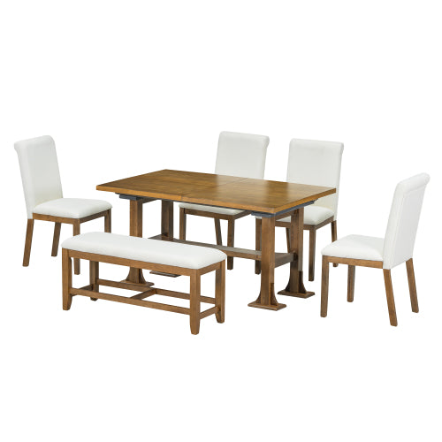 Melysen Farmhouse 76inch 6-Piece Extendable Dining Table Set Trestle Kitchen Table Set with 18inch Removable Leaf and Upholstered Dining Chair and Bench for Dining Room