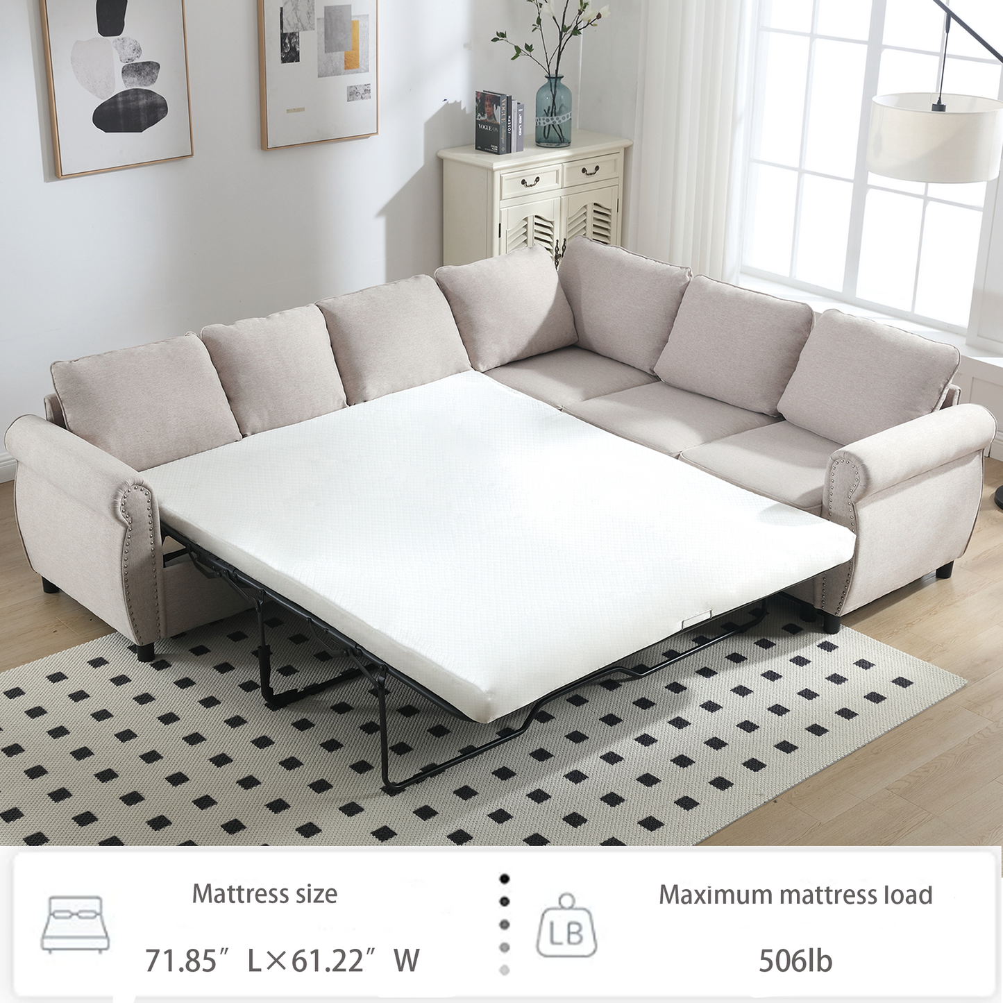 Melysen Sleeper Sofa,2 in 1 Pull Out Couch Bed,6 seater sofa bed,L Shaped Sleeper Sectional Sofa Couch,Riveted sofa,104" Large combined sofa Bed in living room